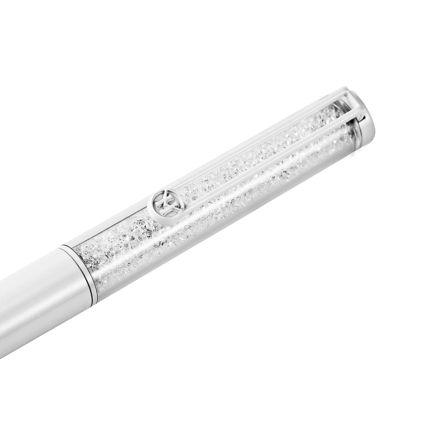 Victoria Hyde pearl white crystal ballpoint pen with imitation Swarovski stone, aluminum body, zinc clip, silver tip. Elegant writing accessory.