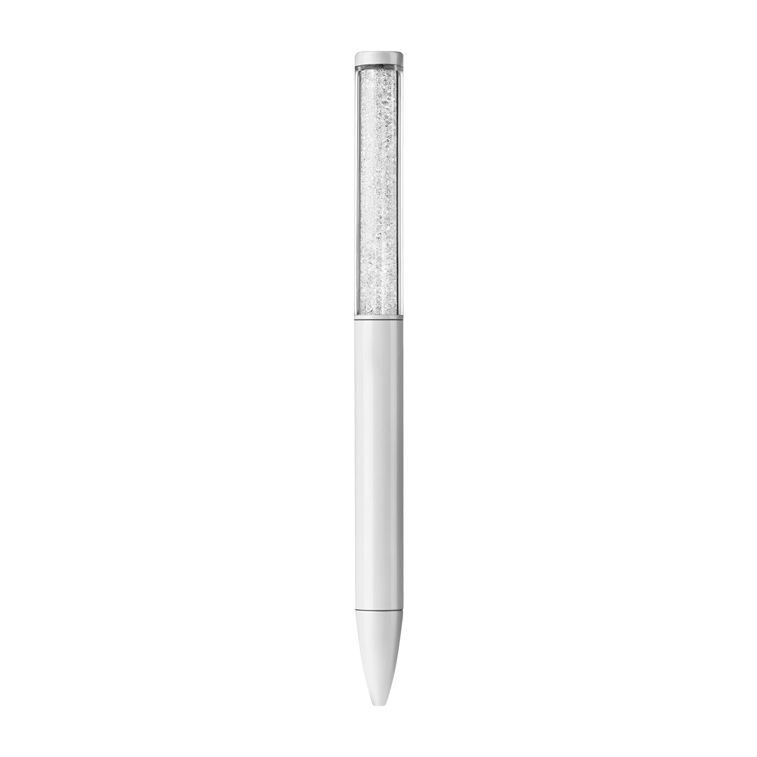 Victoria Hyde pearl white crystal ballpoint pen with imitation Swarovski stone, aluminum body, zinc clip, silver tip. Elegant writing accessory.