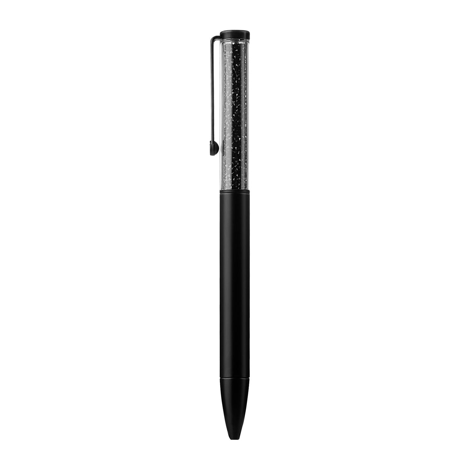 Victoria Hyde black crystal ballpoint pen with sparkling imitation Swarovski stone, aluminum body, zinc clip. Elegant writing accessory for desk decor.