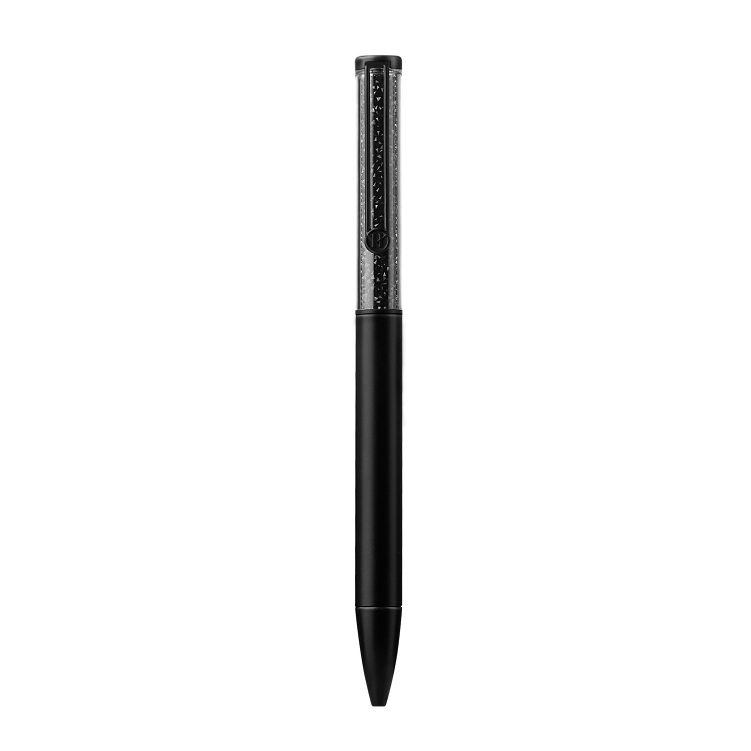 Victoria Hyde black crystal ballpoint pen with sparkling imitation Swarovski stone, aluminum body, zinc clip. Elegant writing accessory for desk decor.