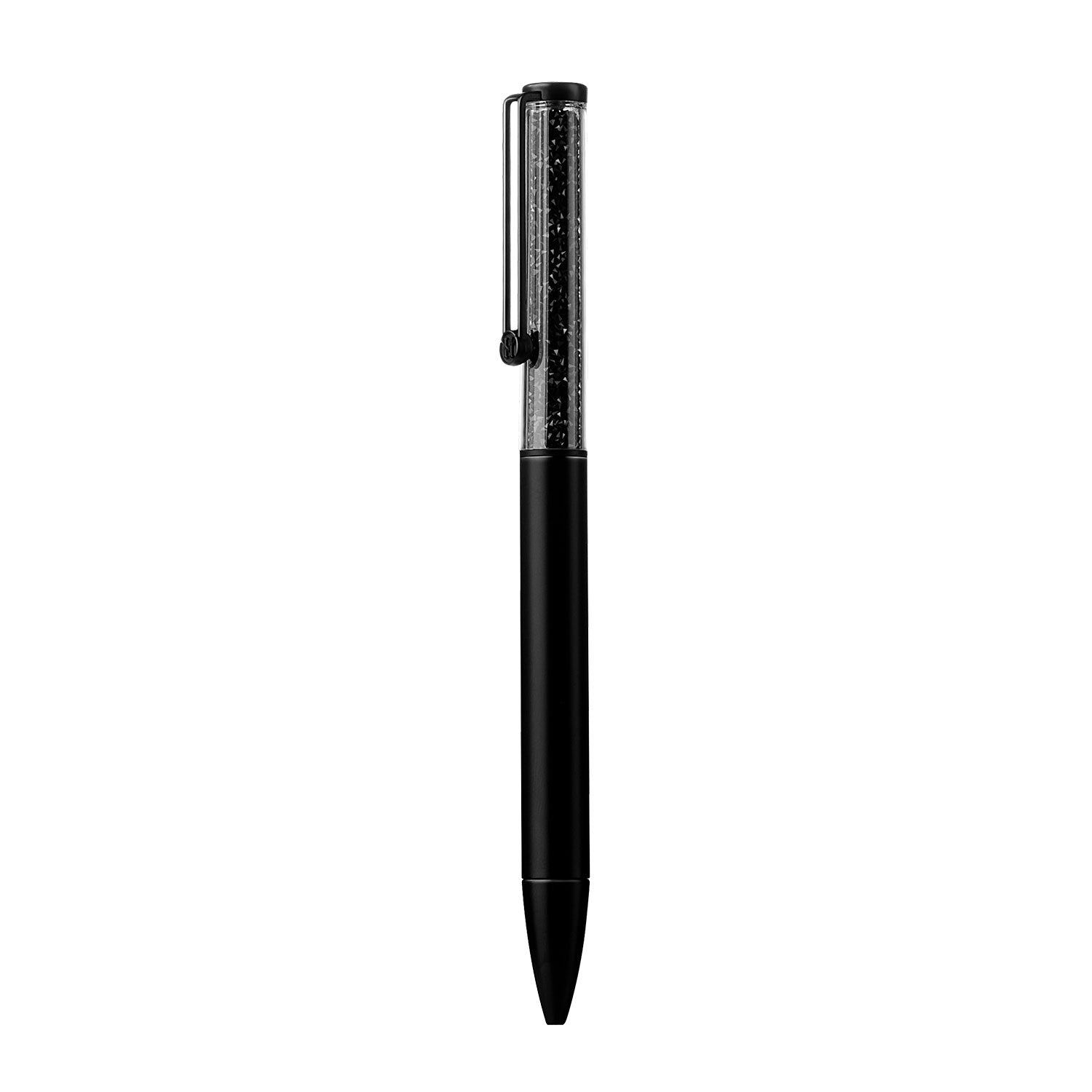 Victoria Hyde black crystal ballpoint pen with sparkling imitation Swarovski stone, aluminum body, zinc clip. Elegant writing accessory for desk decor.