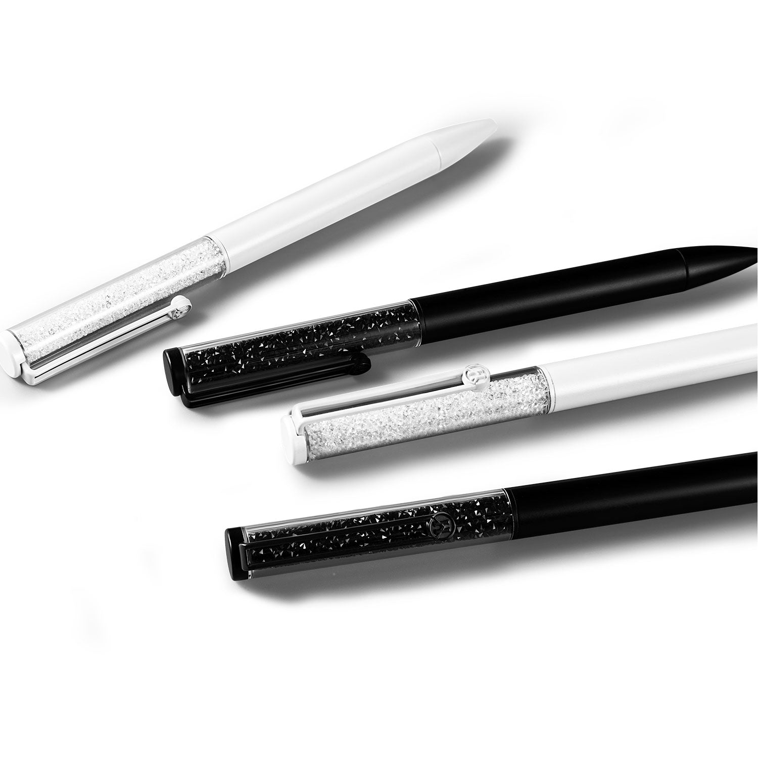 Victoria Hyde black crystal ballpoint pen with sparkling imitation Swarovski stone, aluminum body, zinc clip. Elegant writing accessory for desk decor.