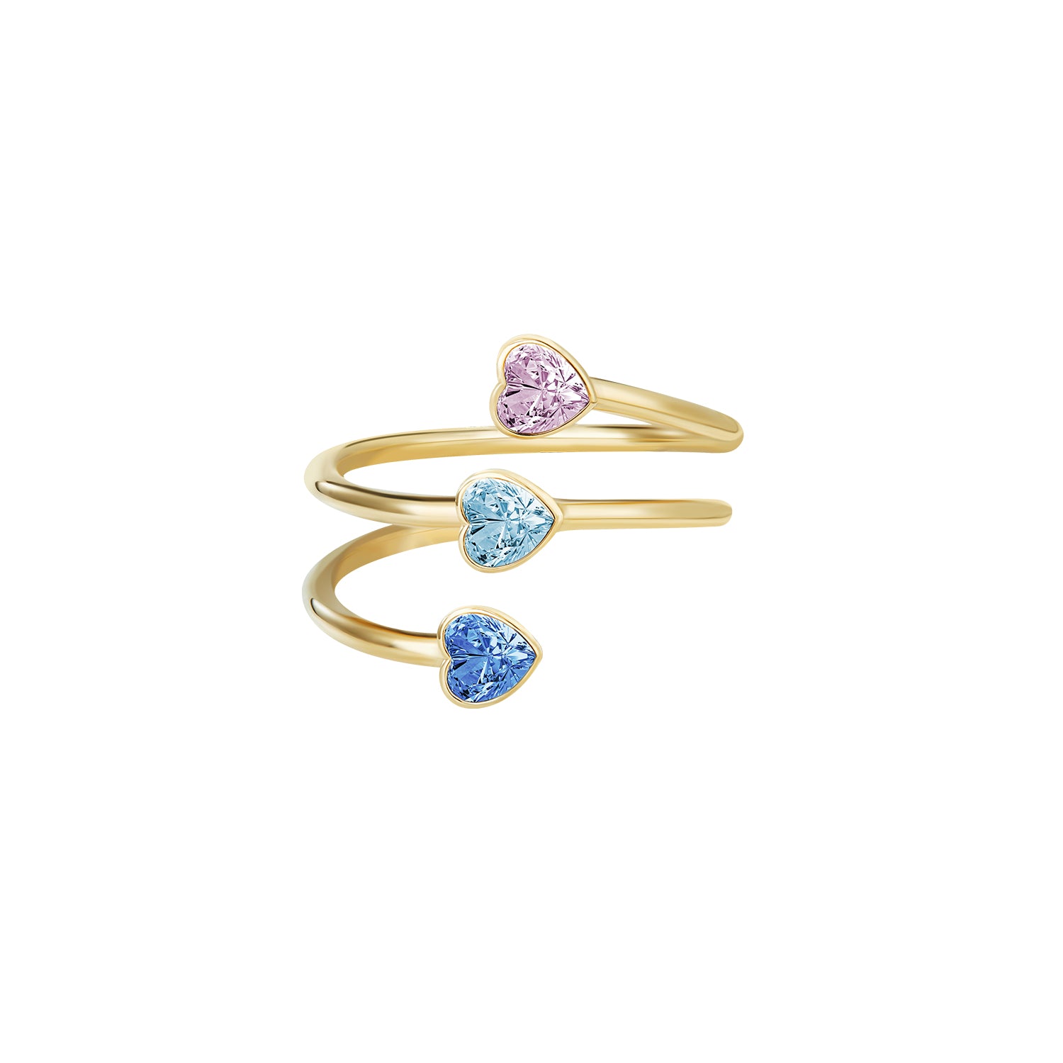 Victoria Hyde Estella gold wrap ring – three colorful diamond hearts, copper + zirconium dioxide, single heart 5x5 mm, inner diameter 16.5 mm.