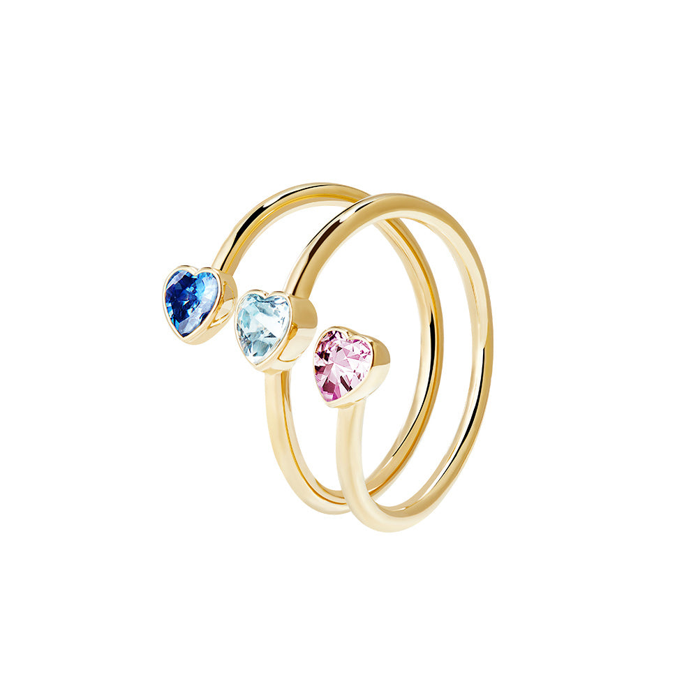 Victoria Hyde Estella gold wrap ring – three colorful diamond hearts, copper + zirconium dioxide, single heart 5x5 mm, inner diameter 16.5 mm.