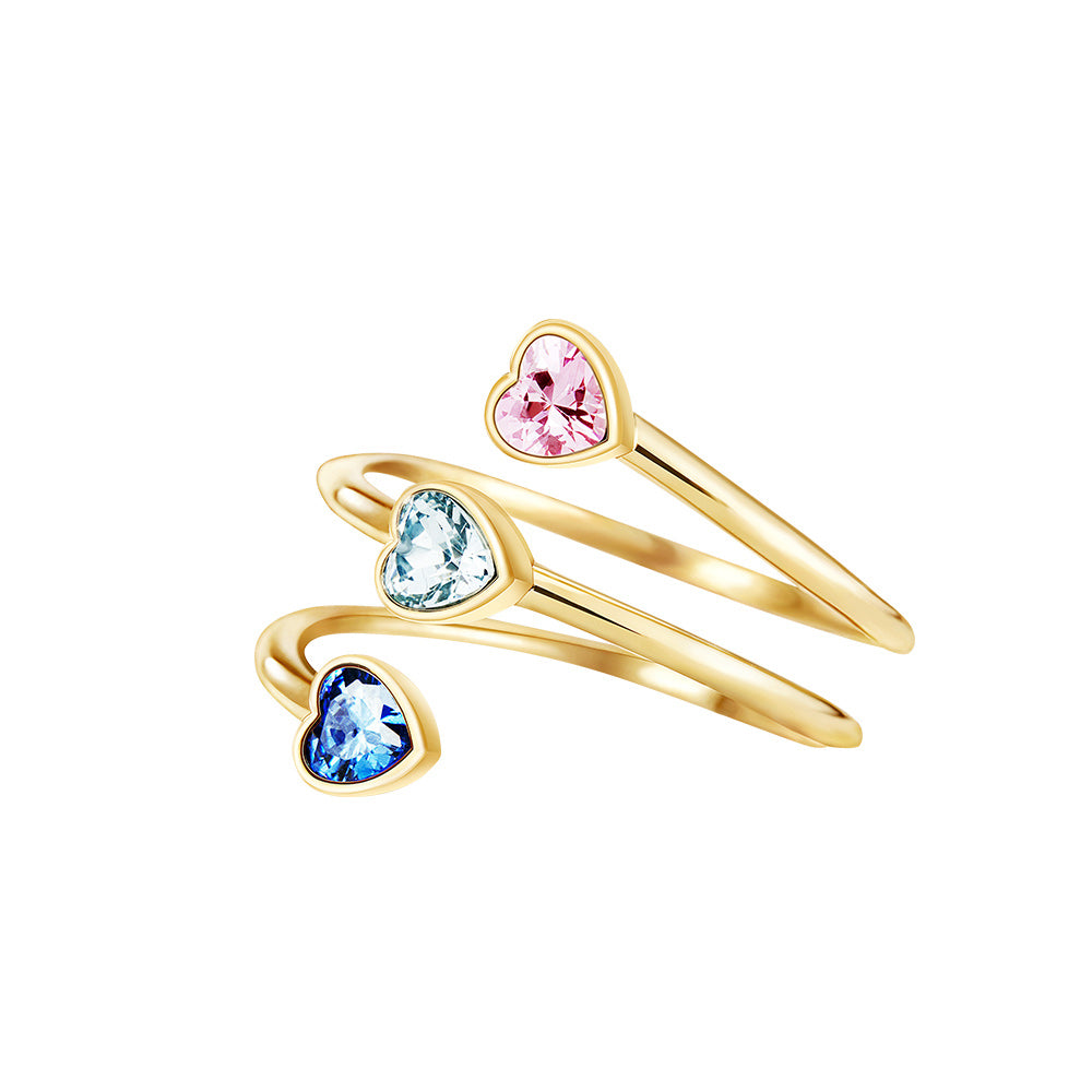 Victoria Hyde Estella gold wrap ring – three colorful diamond hearts, copper + zirconium dioxide, single heart 5x5 mm, inner diameter 16.5 mm.