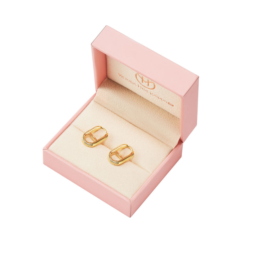 Victoria Hyde gold O-shaped earrings, eco-friendly copper, minimalist design, 11x17x2.2 mm, 2.4g – elegant for daily or special occasions.