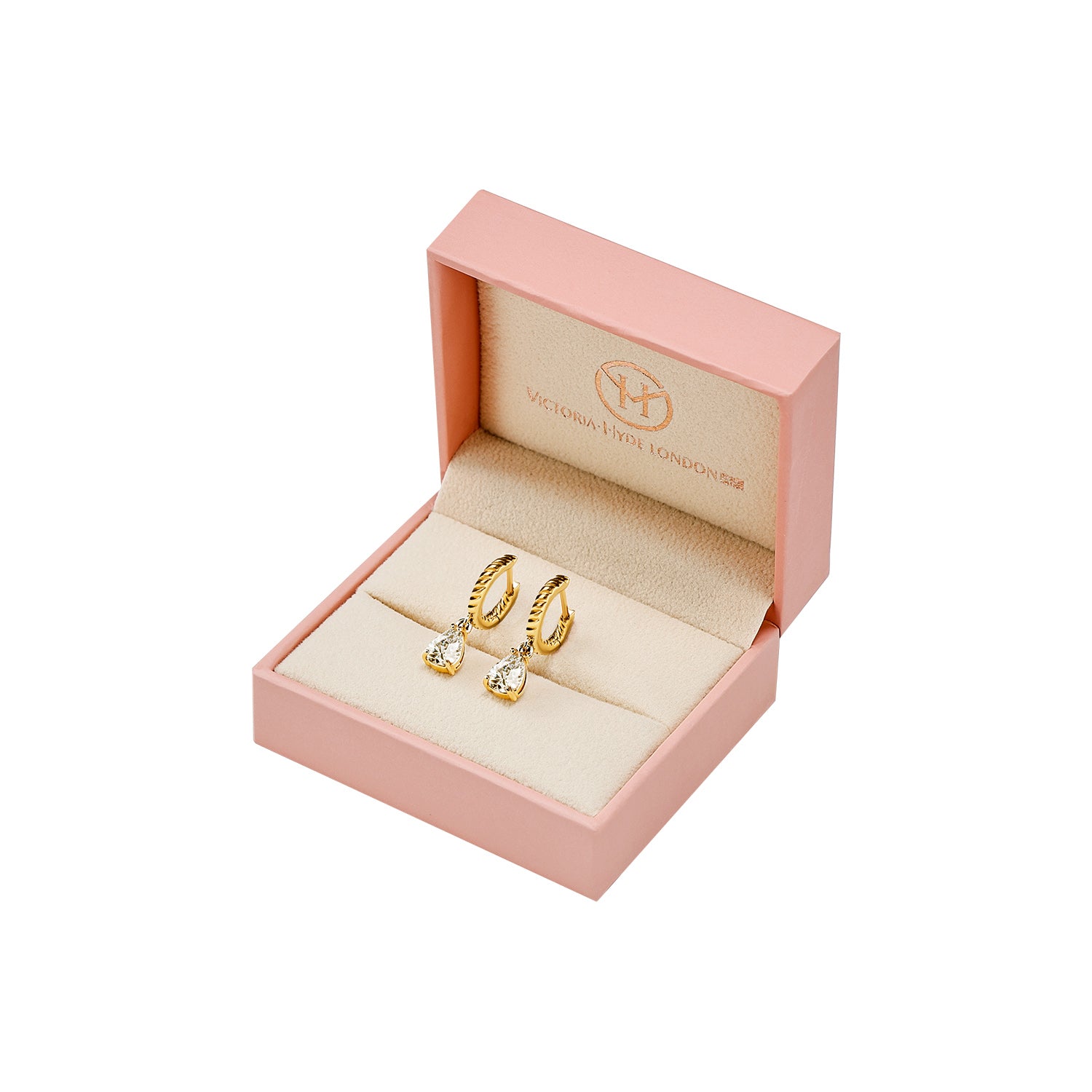 Victoria Hyde gold hoop earrings with pendant for women. Timeless elegance, brilliant-like stone, clip closure, comfortable secure fit. Glamorous accent for classic or modern looks.