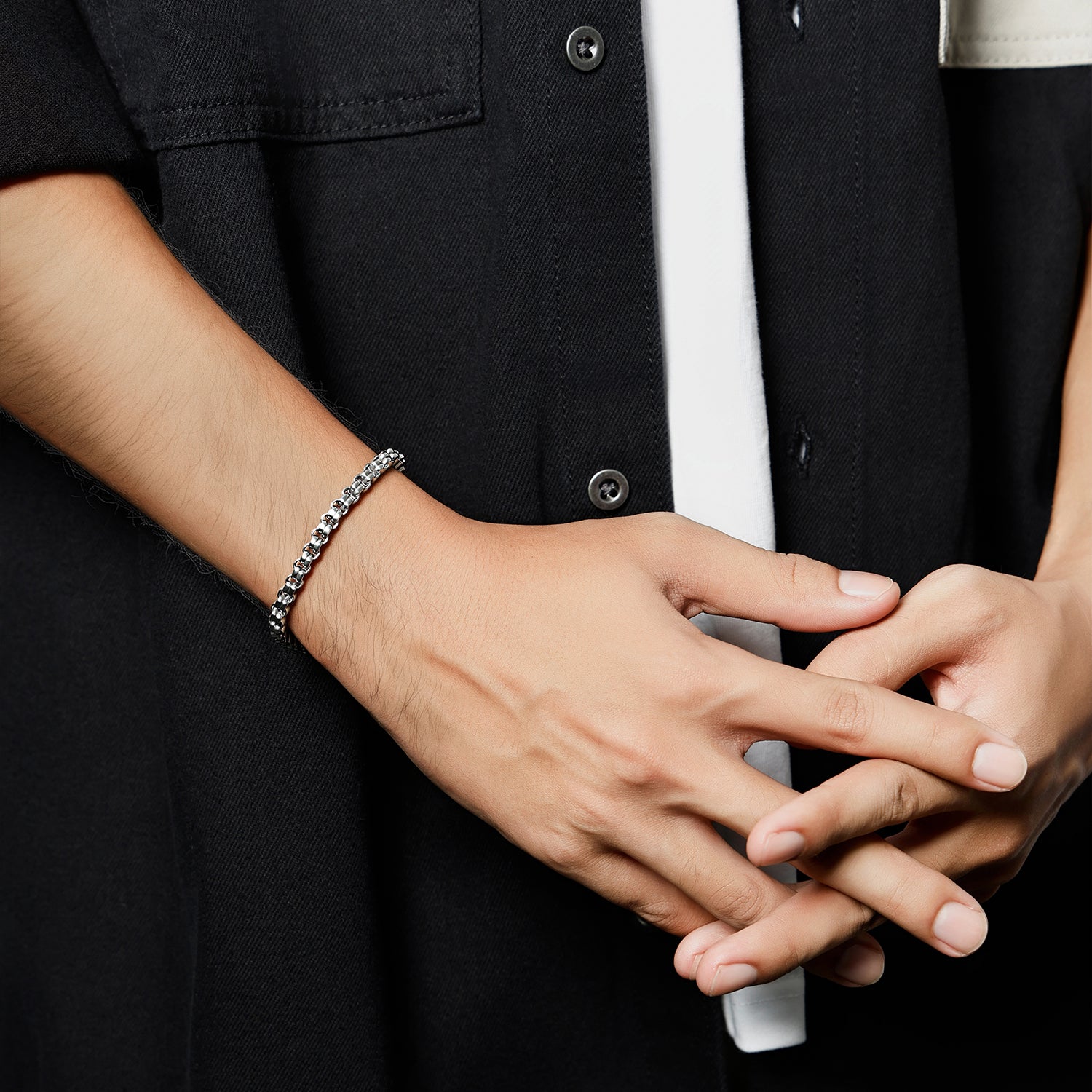 Minimalist Victoria Hyde silver bracelet for men. Timeless, lightweight elegance for casual or formal wear. Perfect understated accessory.