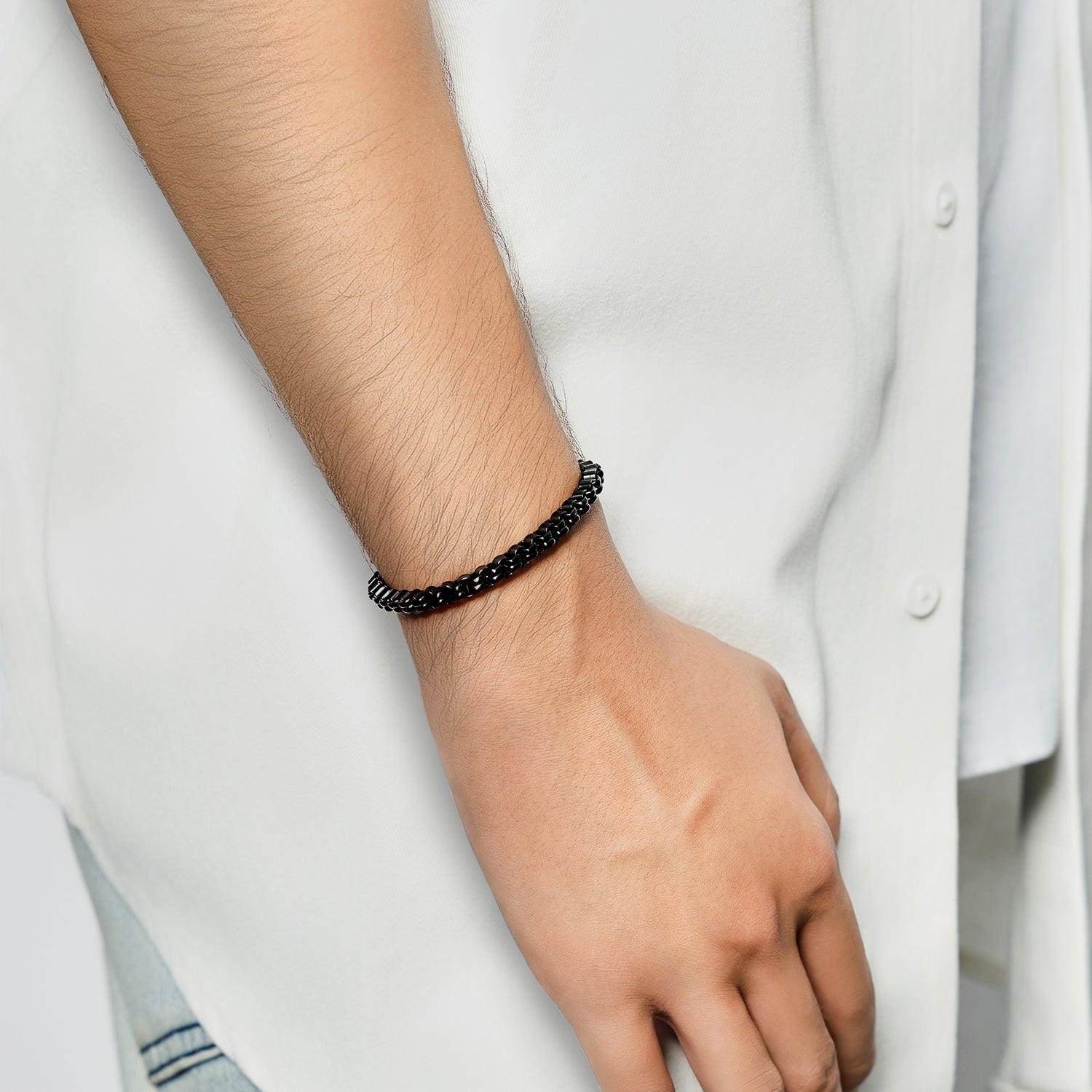 Victoria Hyde minimalist black silver bracelet for men. Timeless, elegant, lightweight accessory for casual or formal looks. Perfect understated style.