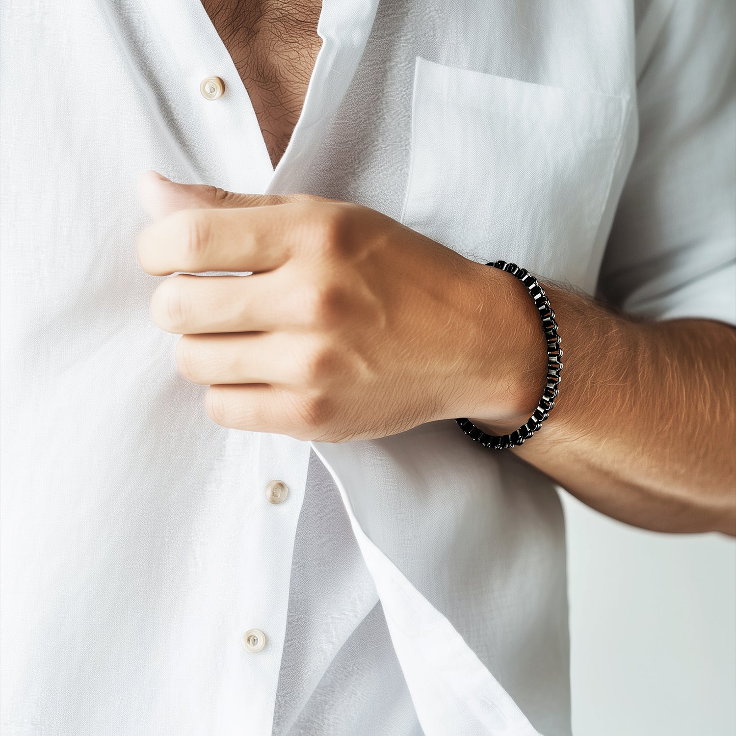Victoria Hyde minimalist black silver bracelet for men. Timeless, elegant, lightweight accessory for casual or formal looks. Perfect understated style.