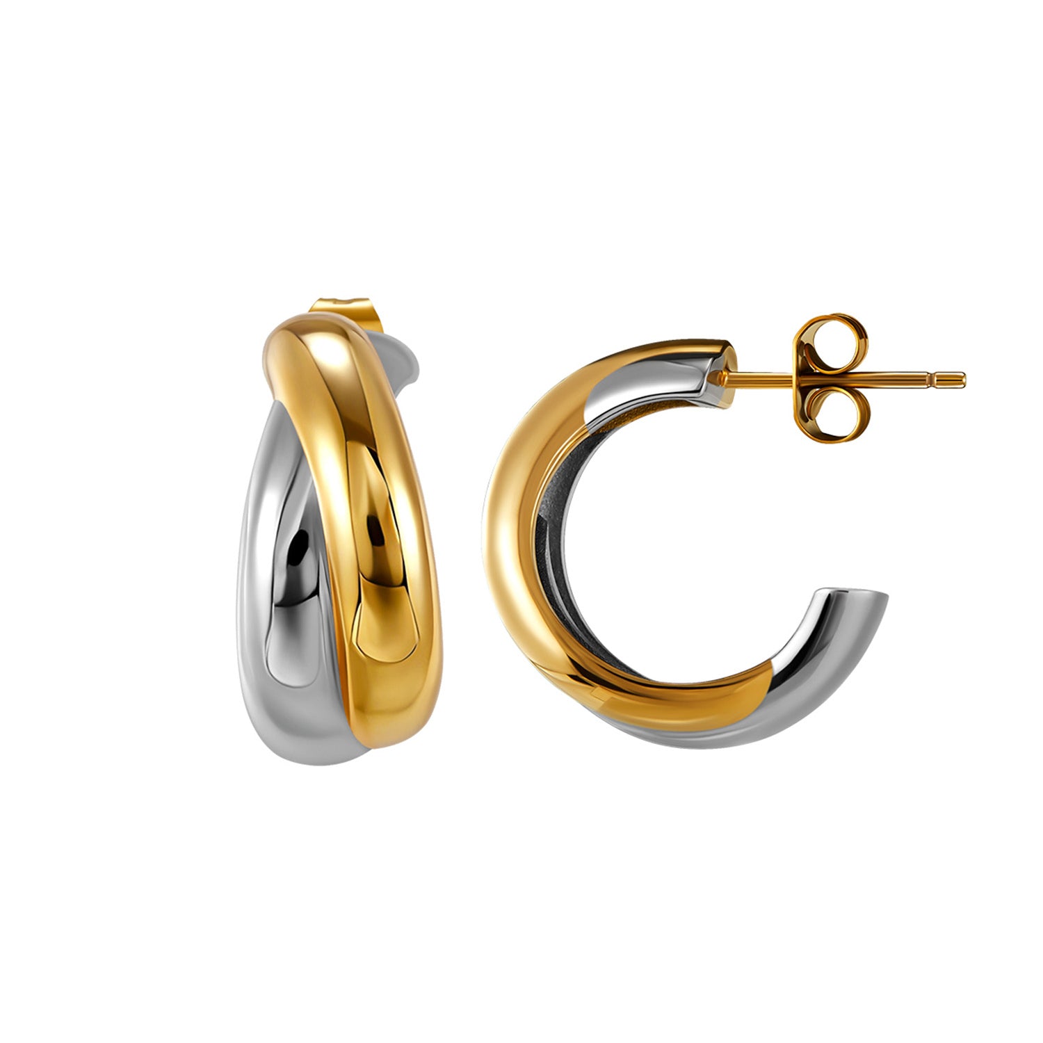 Marie geometric earrings in two-tone IN14 light gold and silver, made from eco-friendly copper with 925 silver posts, modern minimalist design for professional women