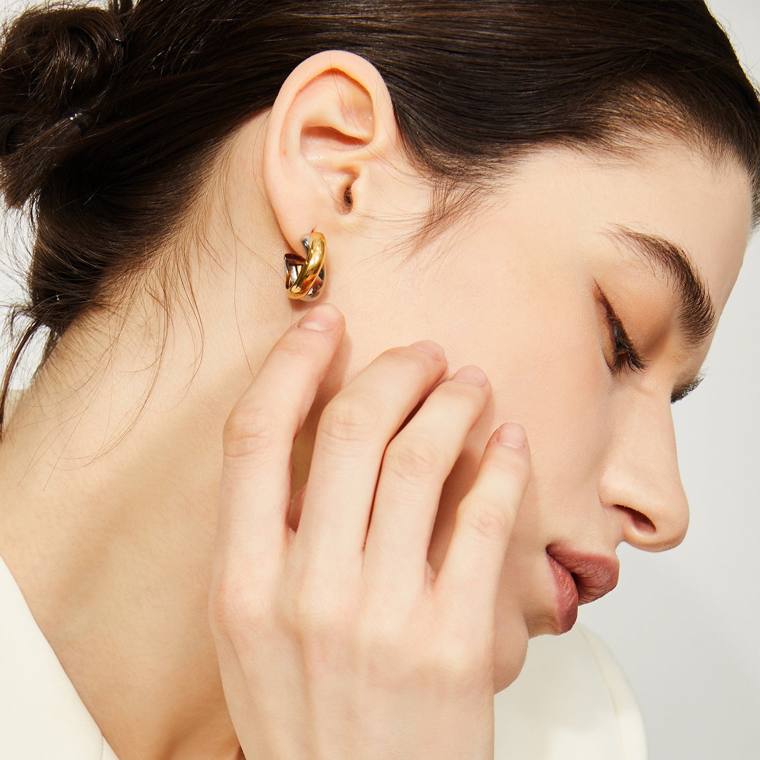 Marie geometric earrings in two-tone IN14 light gold and silver, made from eco-friendly copper with 925 silver posts, modern minimalist design for professional women