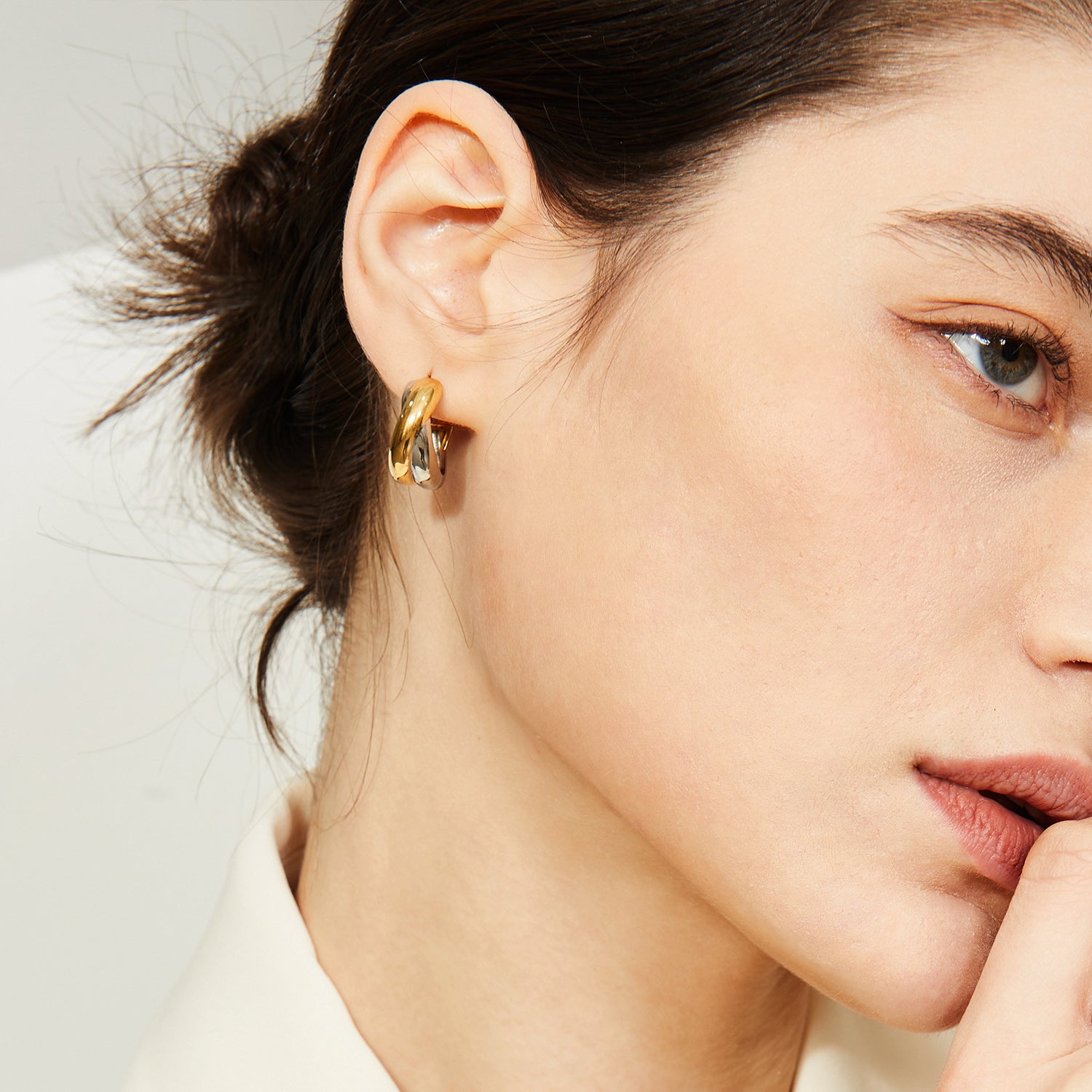 Marie geometric earrings in two-tone IN14 light gold and silver, made from eco-friendly copper with 925 silver posts, modern minimalist design for professional women