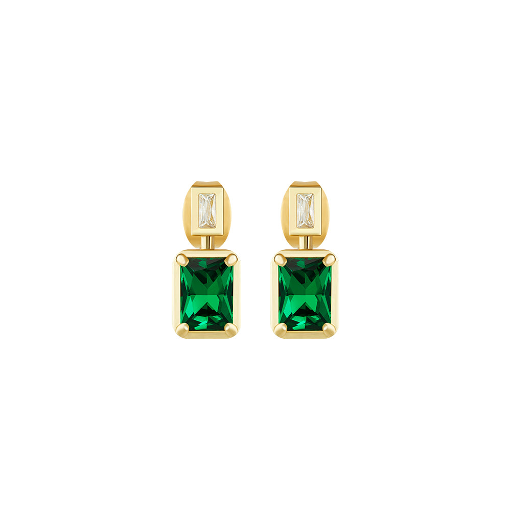 Victoria Hyde London jewelry set with light gold necklace and earrings, featuring deep green rectangular stones. Elegant, glamorous design for daily or special occasions.