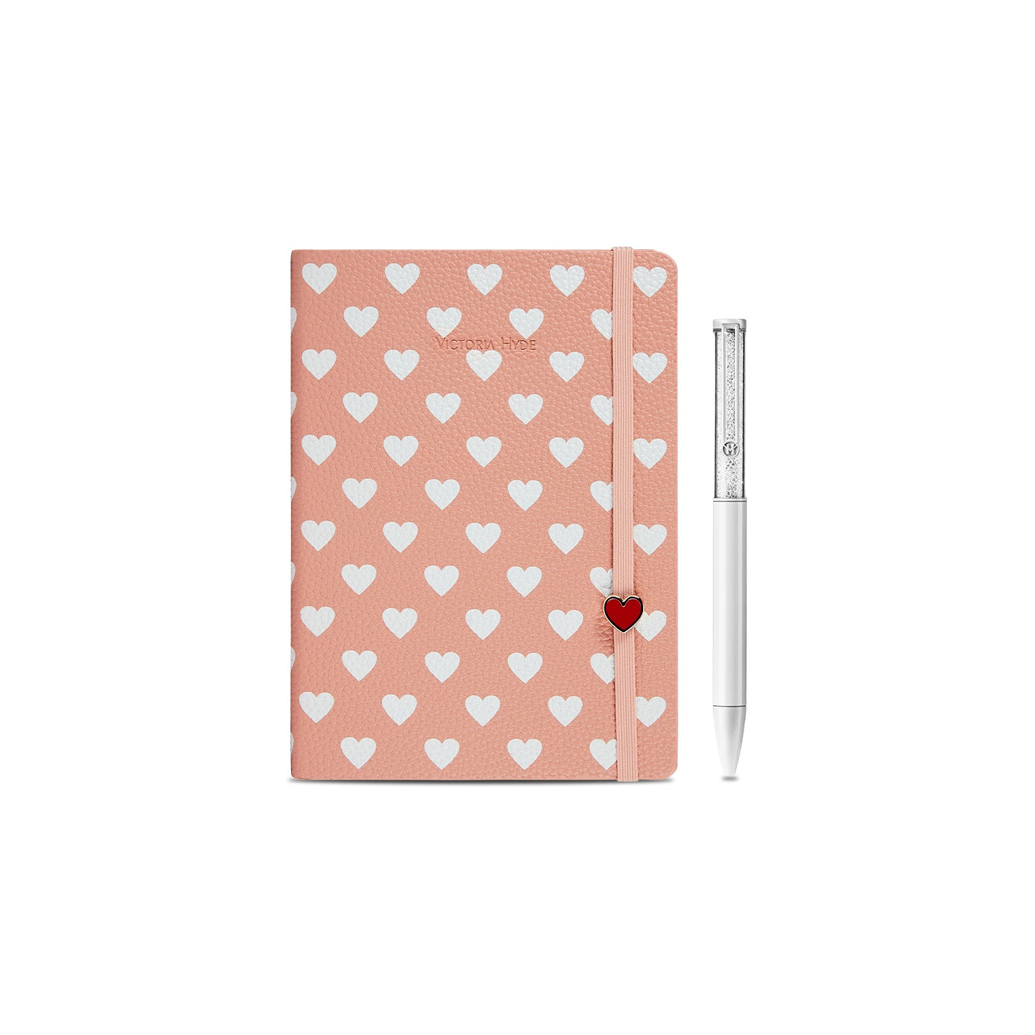 Victoria Hyde notebook gift set with embossed heart design and crystal pen – leather-bound journal with premium pages, romantic style for writing and gifting.