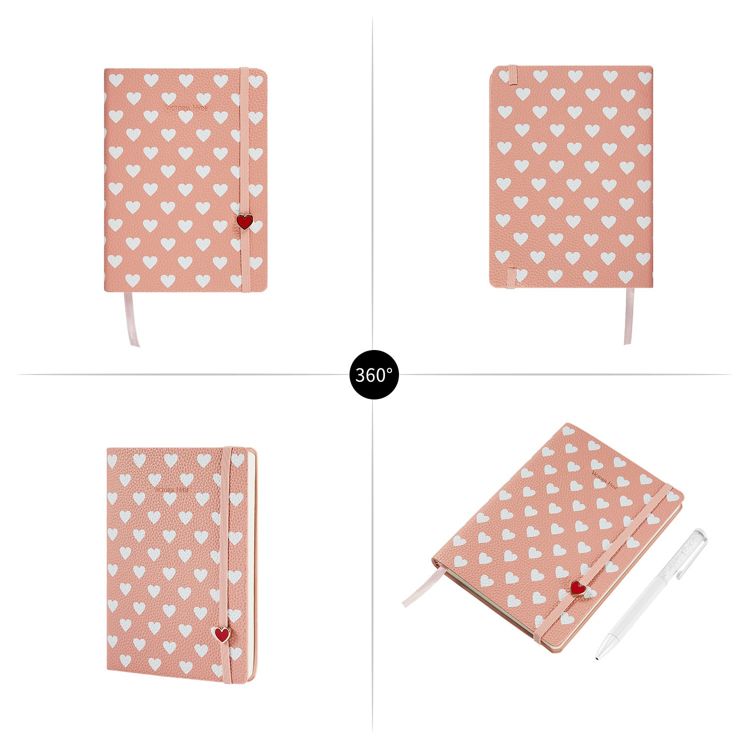 Victoria Hyde notebook gift set with embossed heart design and crystal pen – leather-bound journal with premium pages, romantic style for writing and gifting.