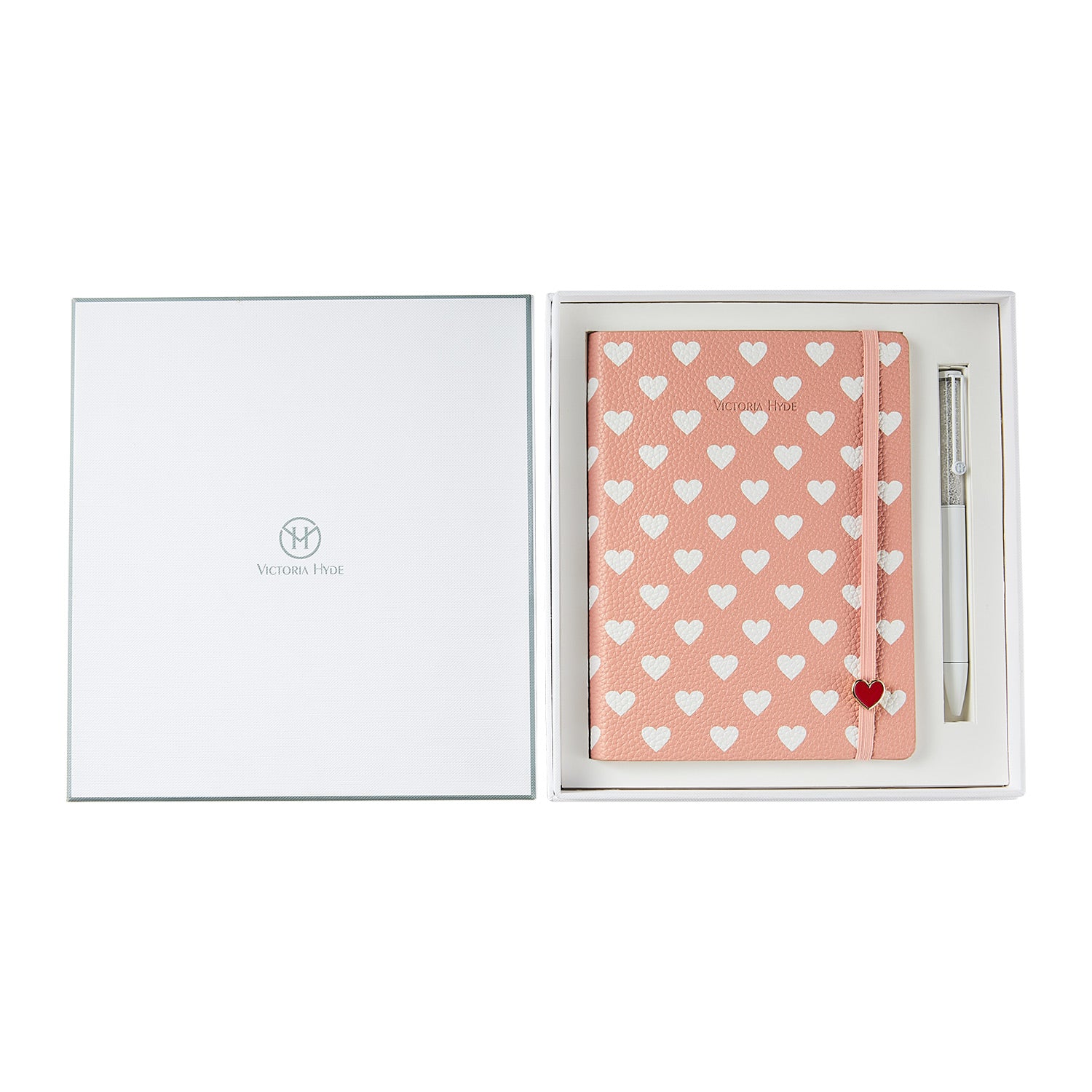 Victoria Hyde notebook gift set with embossed heart design and crystal pen – leather-bound journal with premium pages, romantic style for writing and gifting.