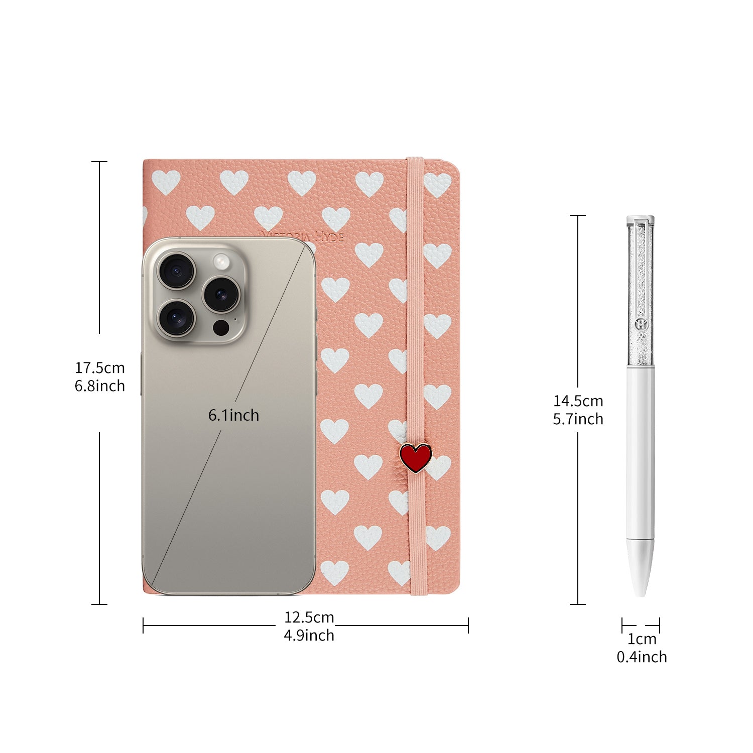 Victoria Hyde notebook gift set with embossed heart design and crystal pen – leather-bound journal with premium pages, romantic style for writing and gifting.