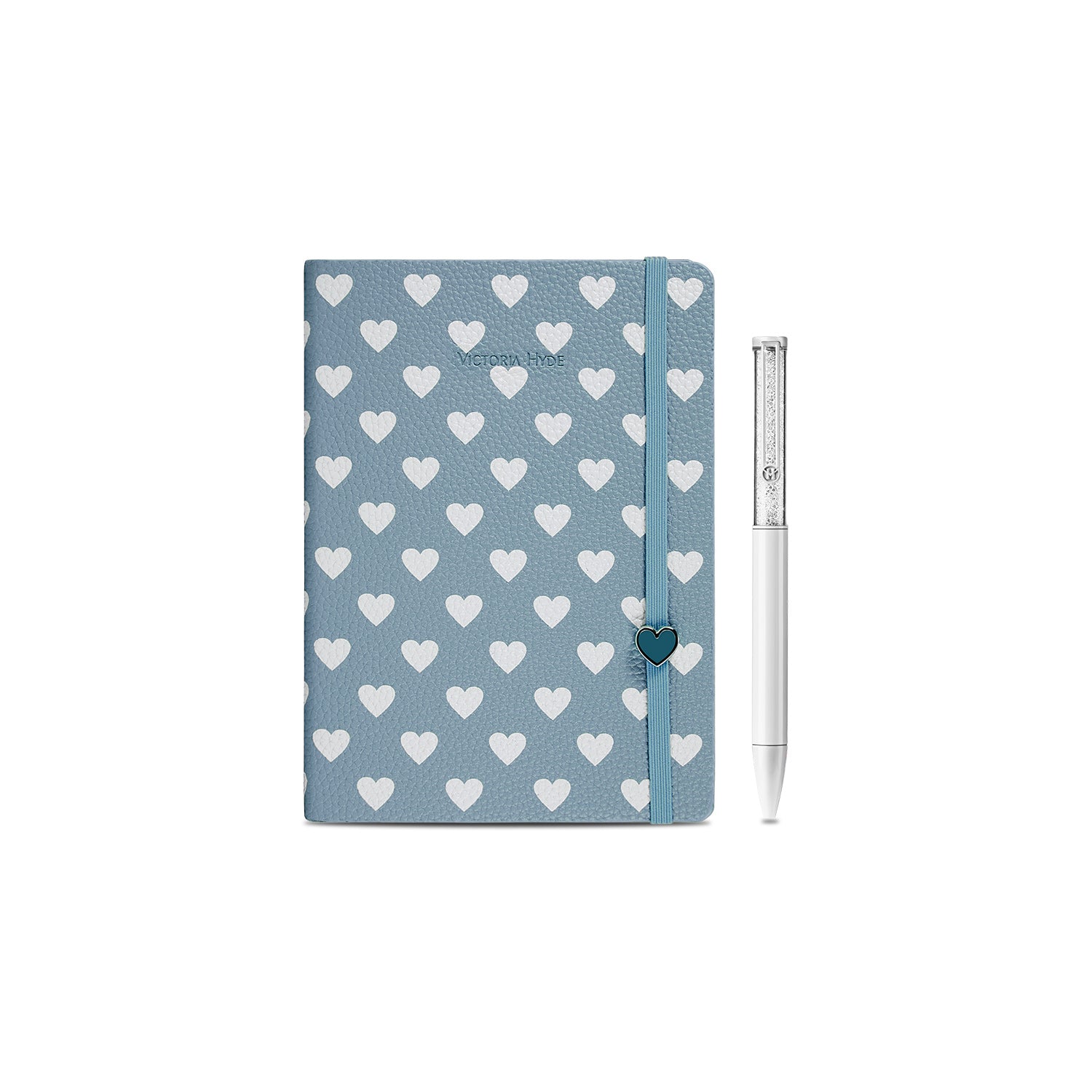 Victoria Hyde embossed heart leather notebook gift set with crystal pen – romantic, elegant, perfect for journaling or gifting.