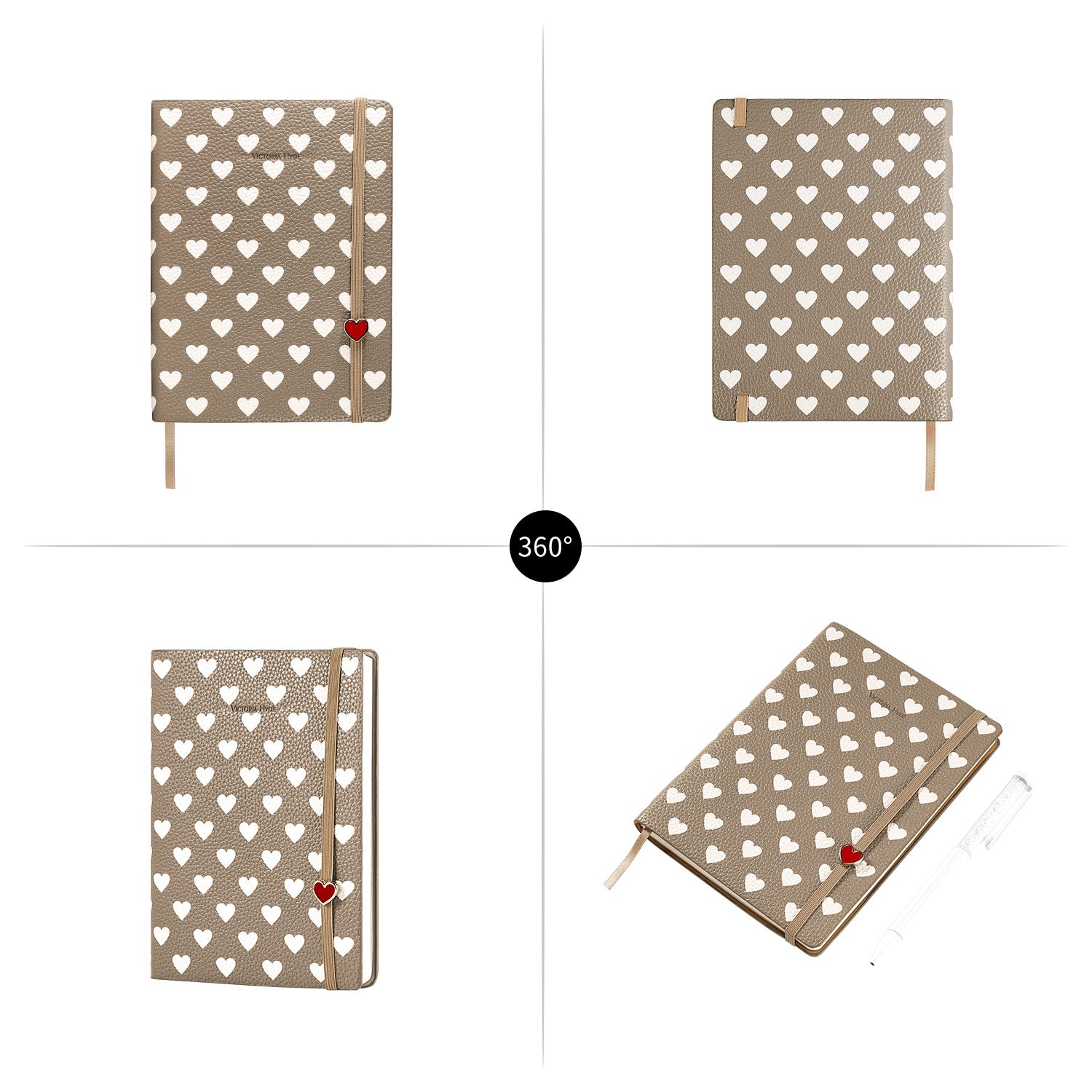 Victoria Hyde heart-embossed leather notebook with crystal pen gift set.

