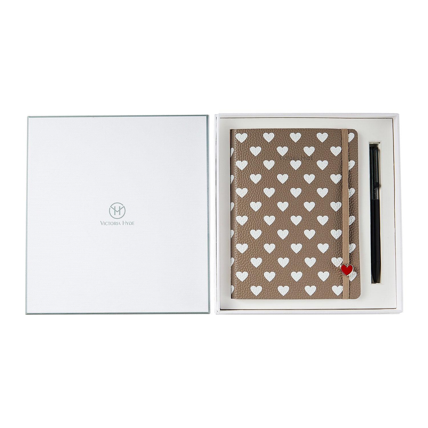 Victoria Hyde heart-embossed leather notebook with crystal pen gift set.

