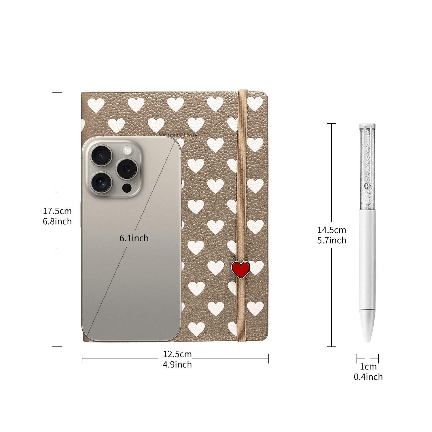 Victoria Hyde heart-embossed leather notebook with crystal pen gift set.


