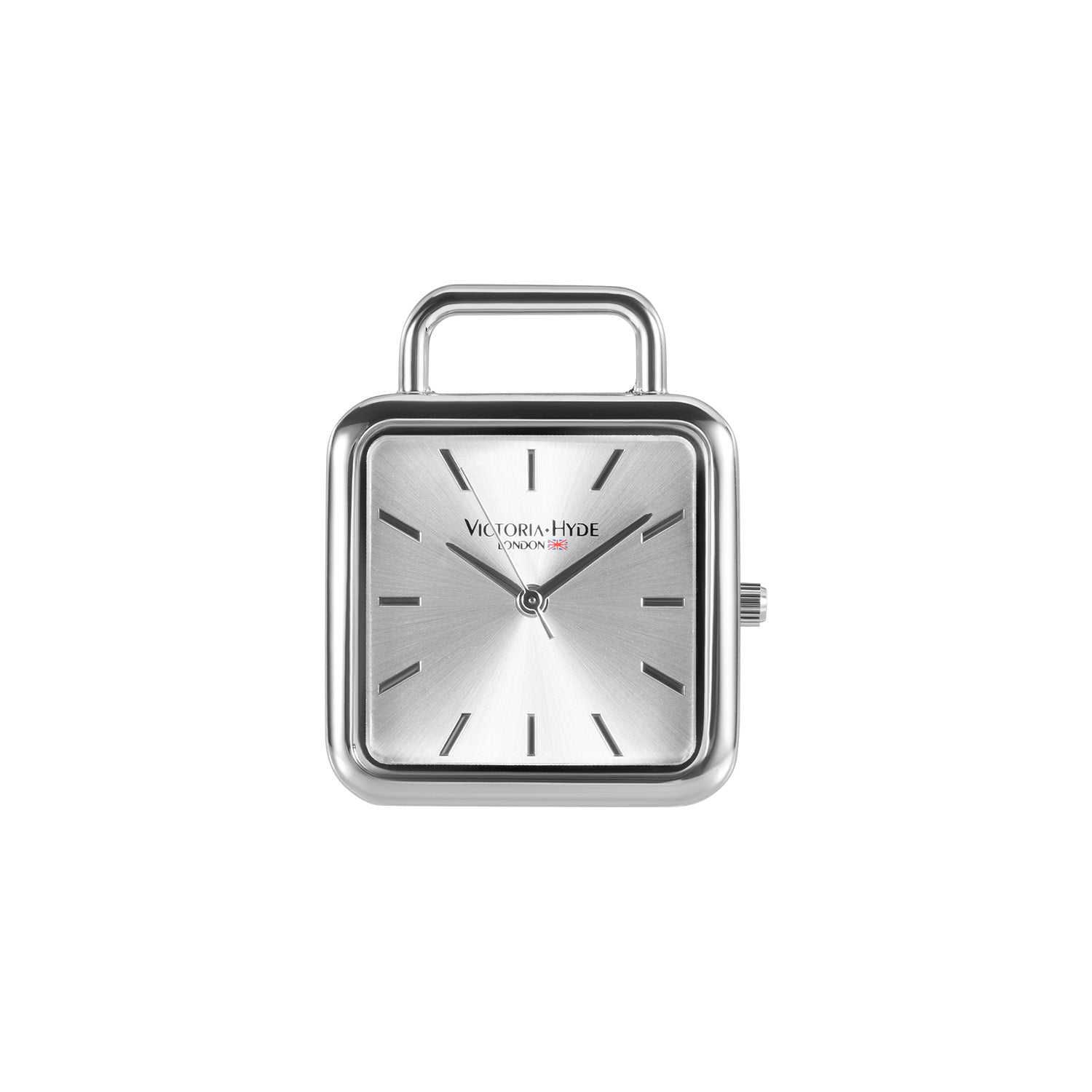 Victoria Hyde black watch pendant with chain – square silver alloy case, PC21 quartz movement, mineral glass, minimalist design, 28 mm diameter, 5.85 mm thick.