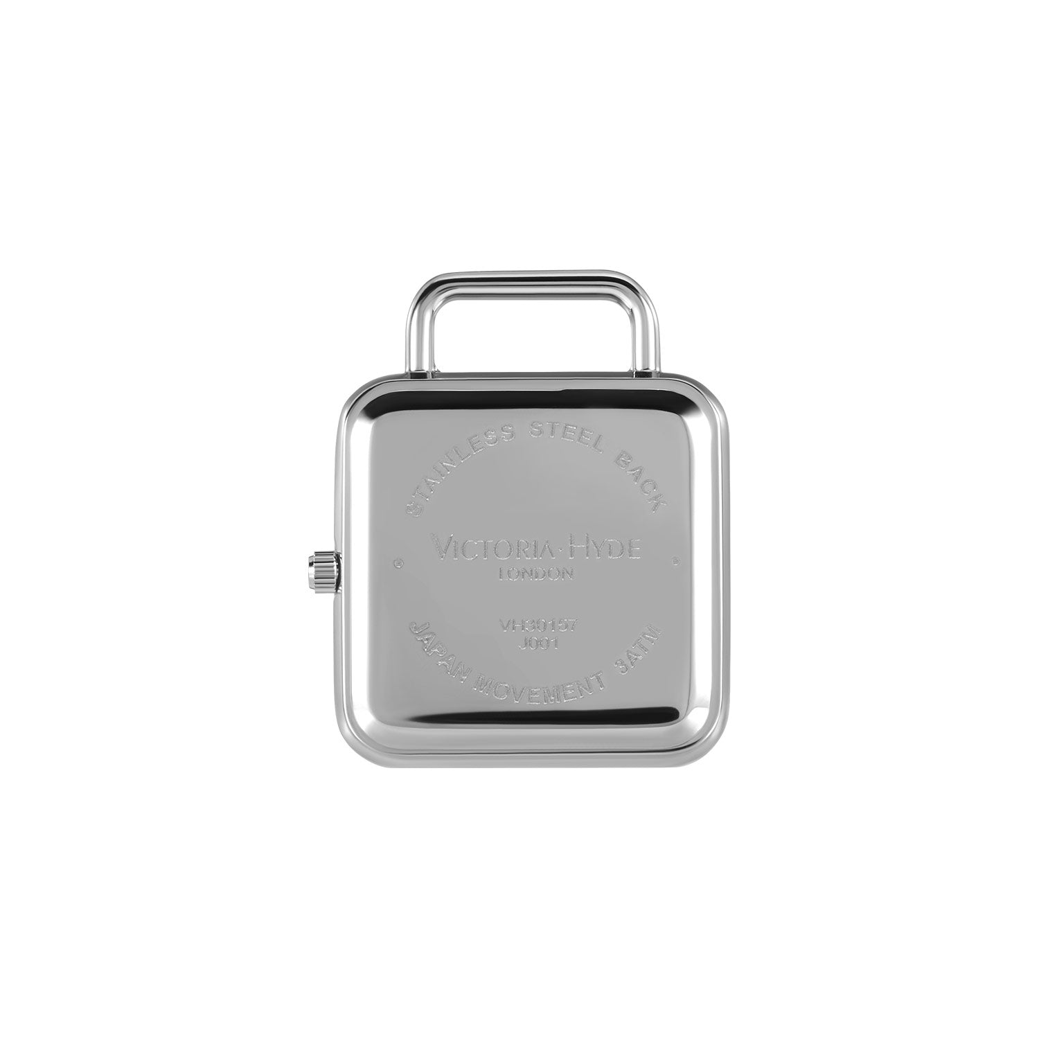 Victoria Hyde black watch pendant with chain – square silver alloy case, PC21 quartz movement, mineral glass, minimalist design, 28 mm diameter, 5.85 mm thick.