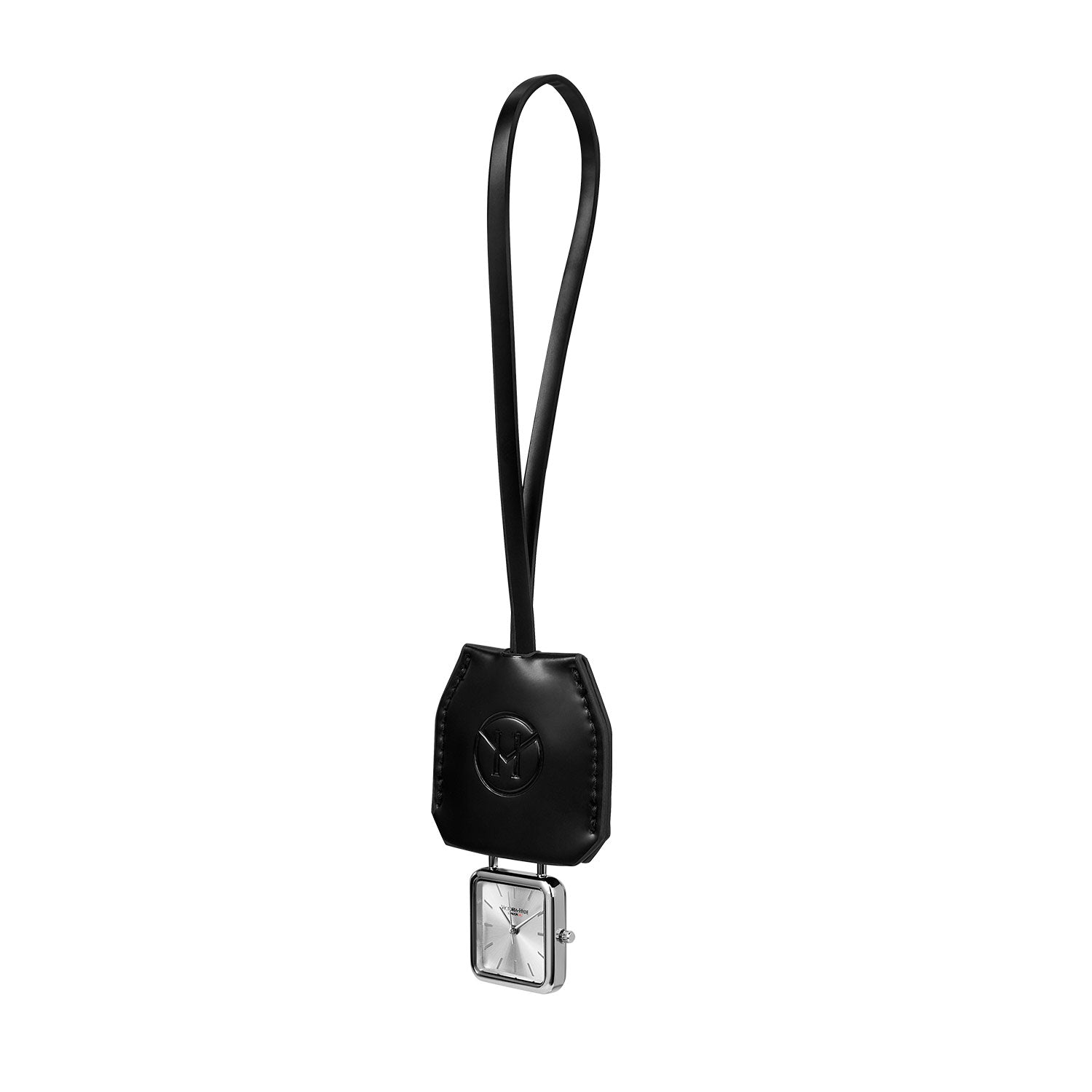 Victoria Hyde black watch pendant with chain – square silver alloy case, PC21 quartz movement, mineral glass, minimalist design, 28 mm diameter, 5.85 mm thick.