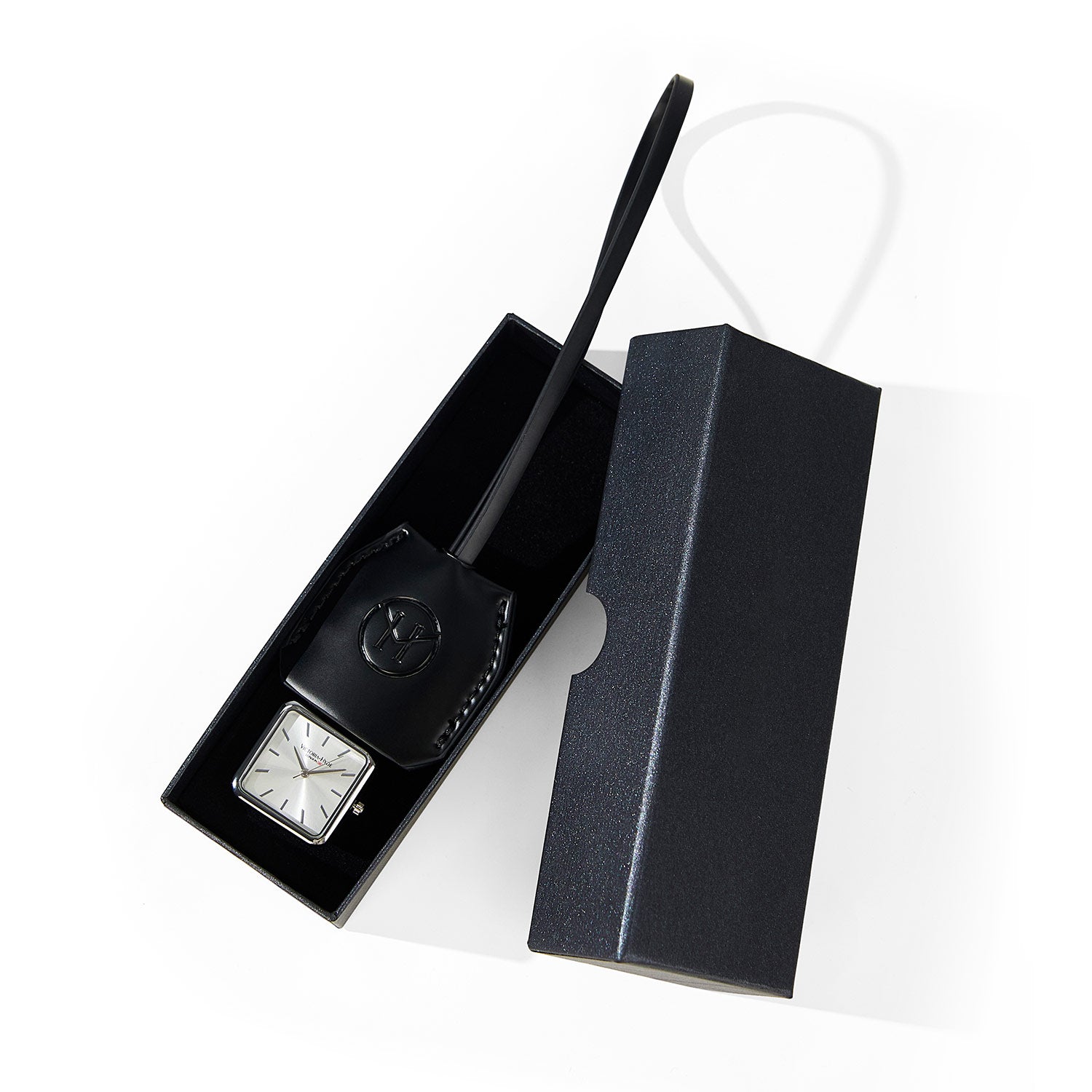 Victoria Hyde black watch pendant with chain – square silver alloy case, PC21 quartz movement, mineral glass, minimalist design, 28 mm diameter, 5.85 mm thick.