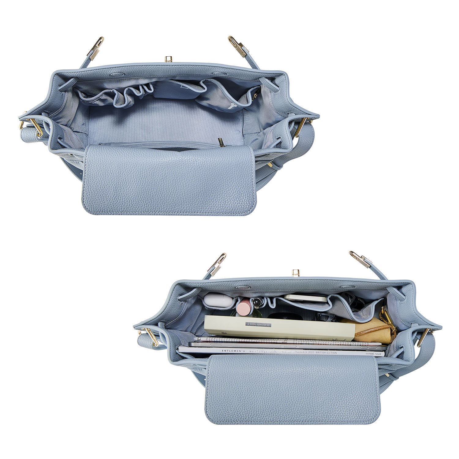 Victoria Hyde Alla business tote – gold turn-lock, PU leather, 32x23.5x17 cm, key/handy pockets, transparent ID slot, removable cosmetic pouch.