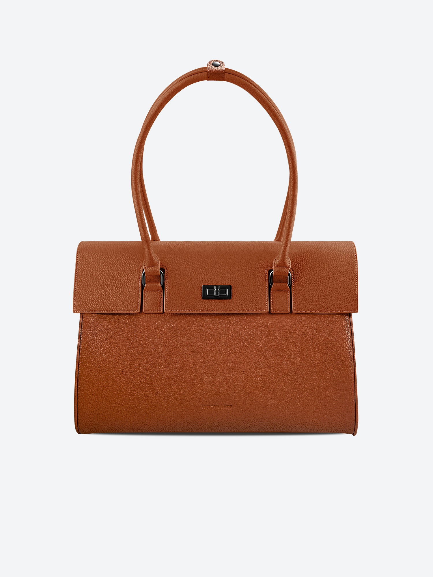 Victoria Hyde Jolene laptop handbag in brown, stylish vegan leather business bag for women, featuring a padded compartment for up to 16-inch laptops.