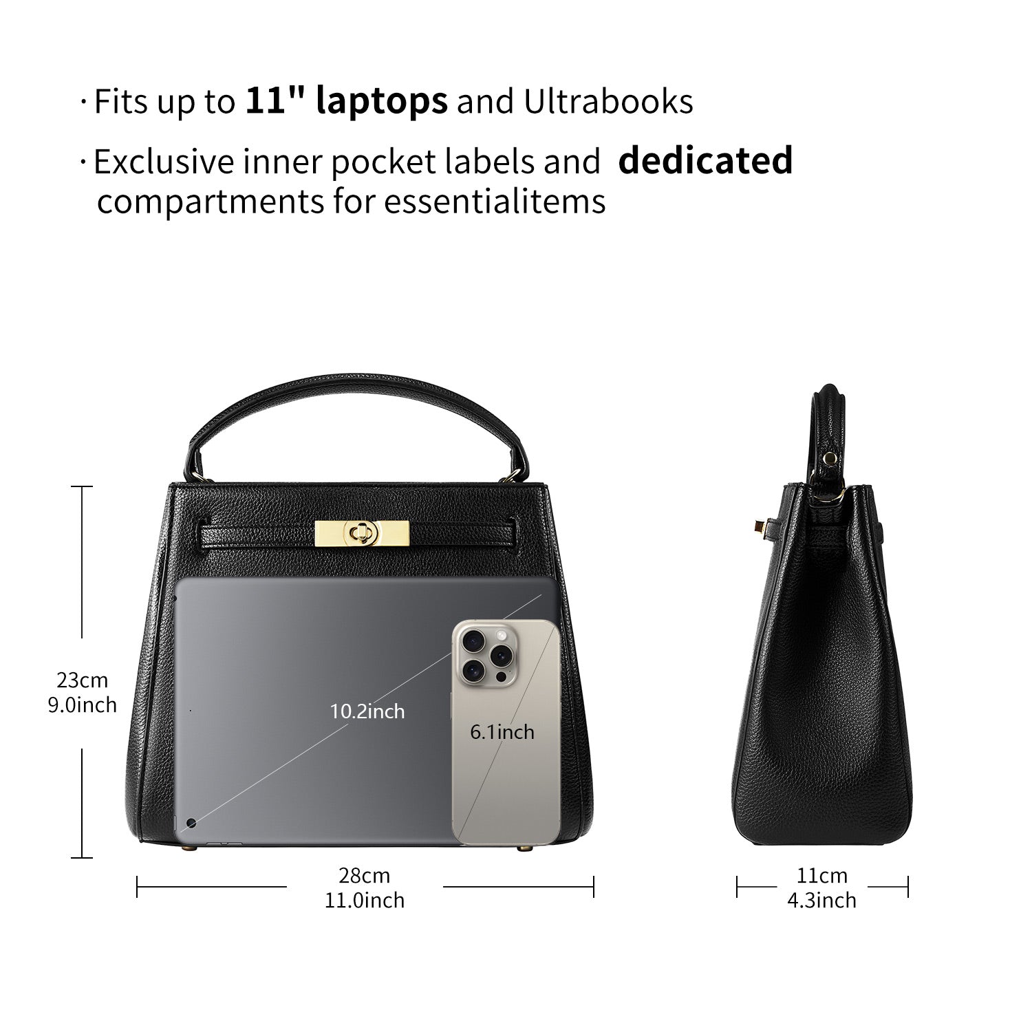 Victoria Hyde Victoria III work shoulder bag – trapezoid PU leather, gold closure, lightweight 0.7kg, fits 12.9" tablet, organizer pockets, 28x23x11 cm.