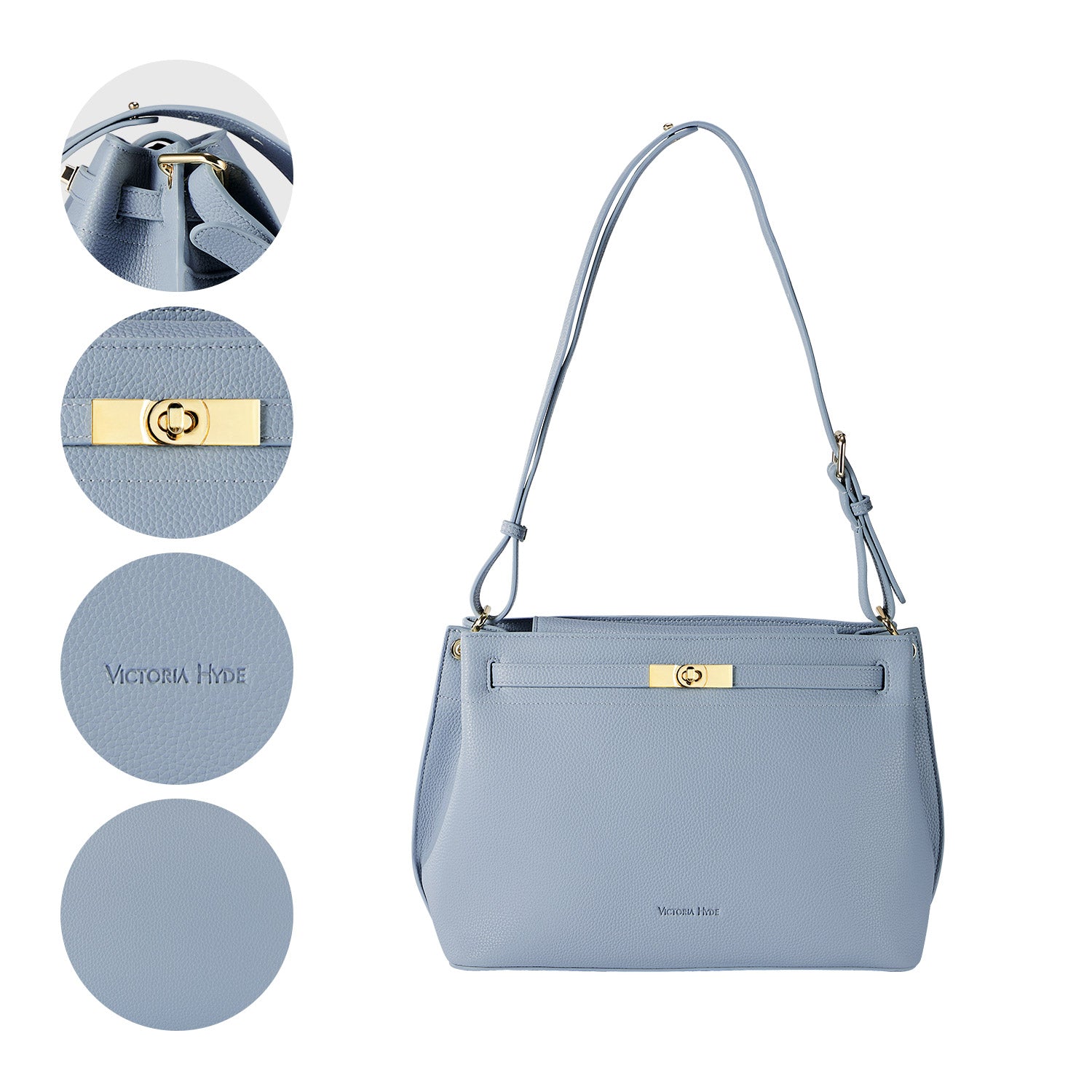 Victoria Hyde Alla business tote – gold turn-lock, PU leather, 32x23.5x17 cm, key/handy pockets, transparent ID slot, removable cosmetic pouch.