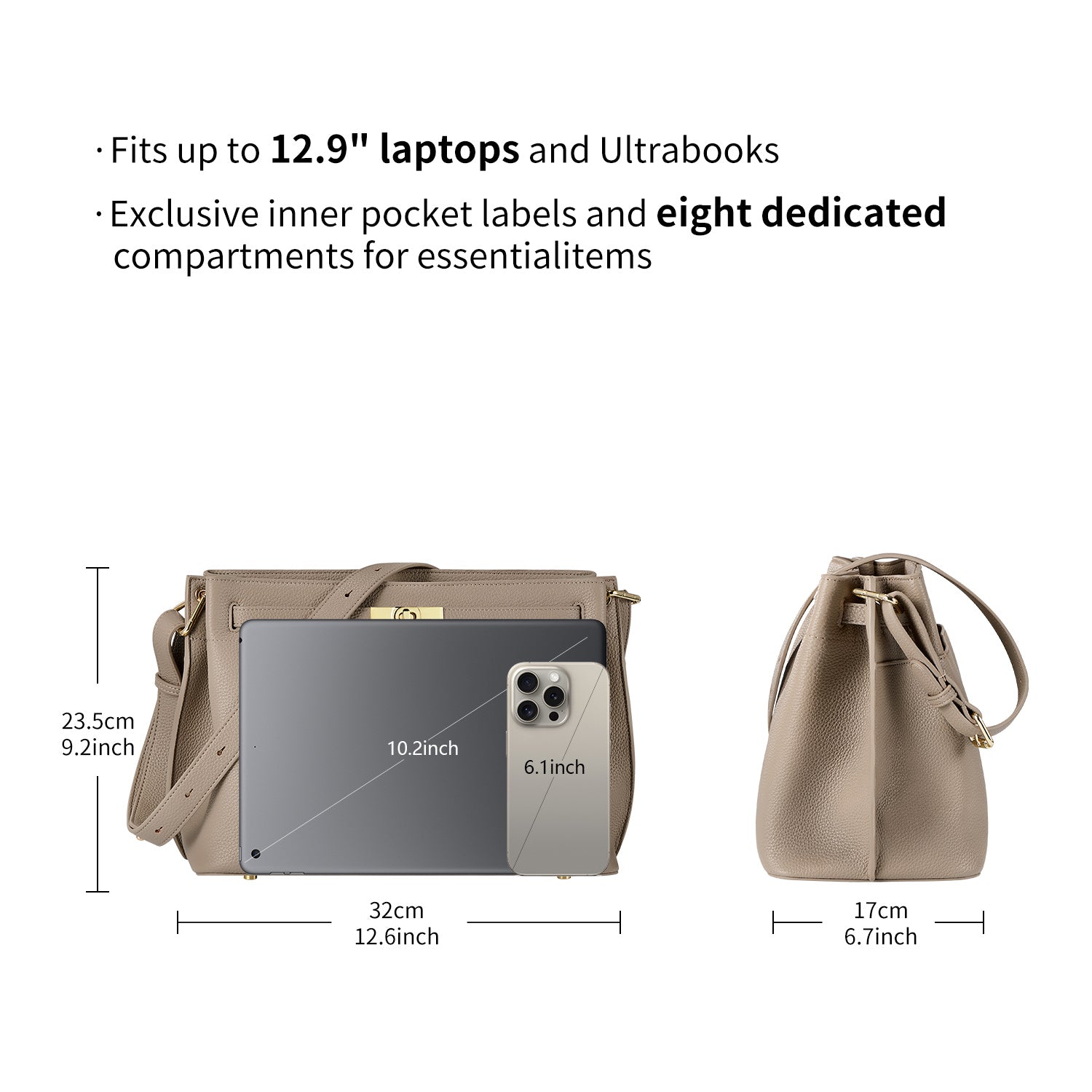Victoria Hyde Alla business shoulder bag – gold turn-lock, PU leather, organizer pockets, removable pouch, 32x23.5x17 cm, for modern working women.