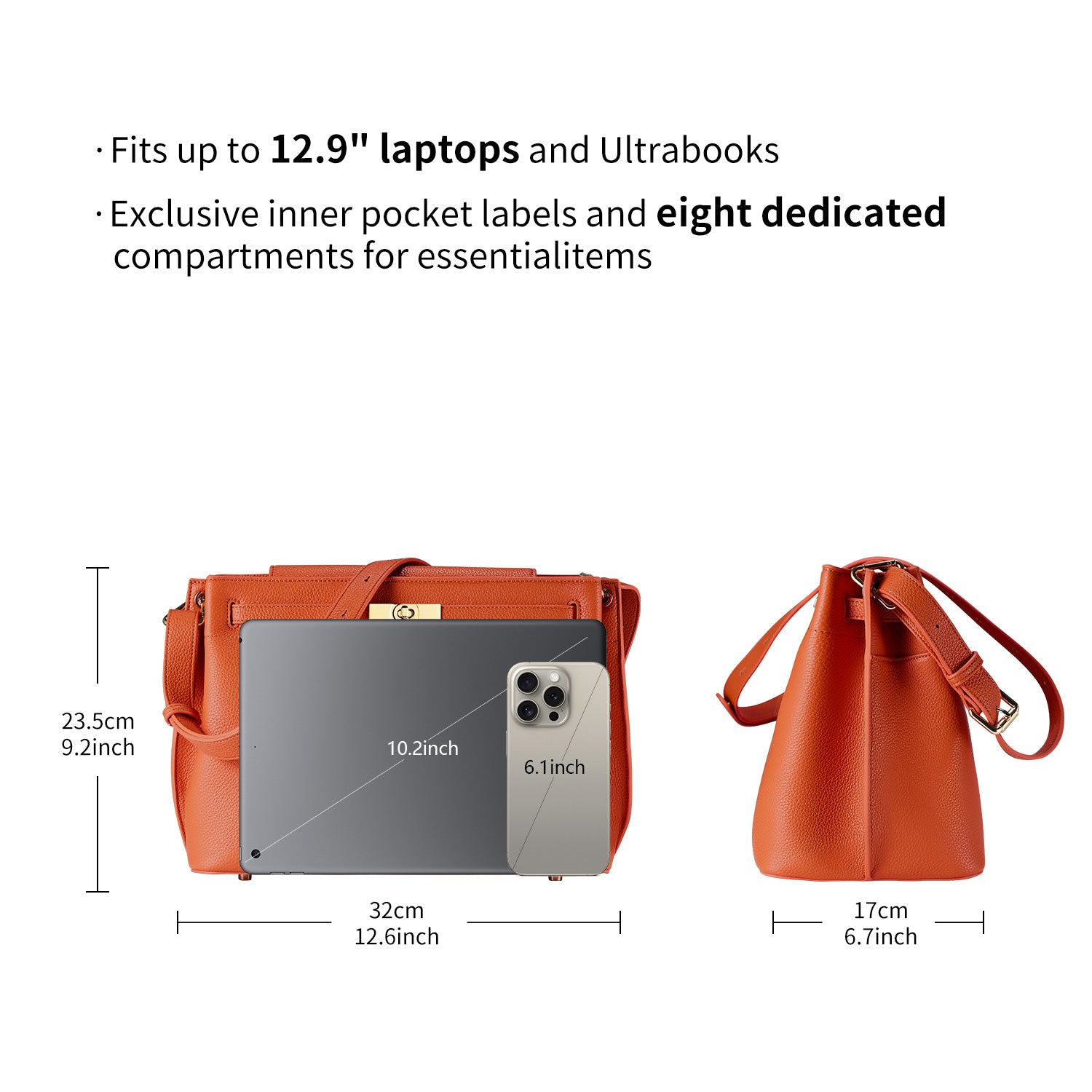 Victoria Hyde Alla business shoulder bag – gold turn-lock, PU leather, 32x23.5x17 cm, organizer pockets, removable pouch for work &amp; travel.