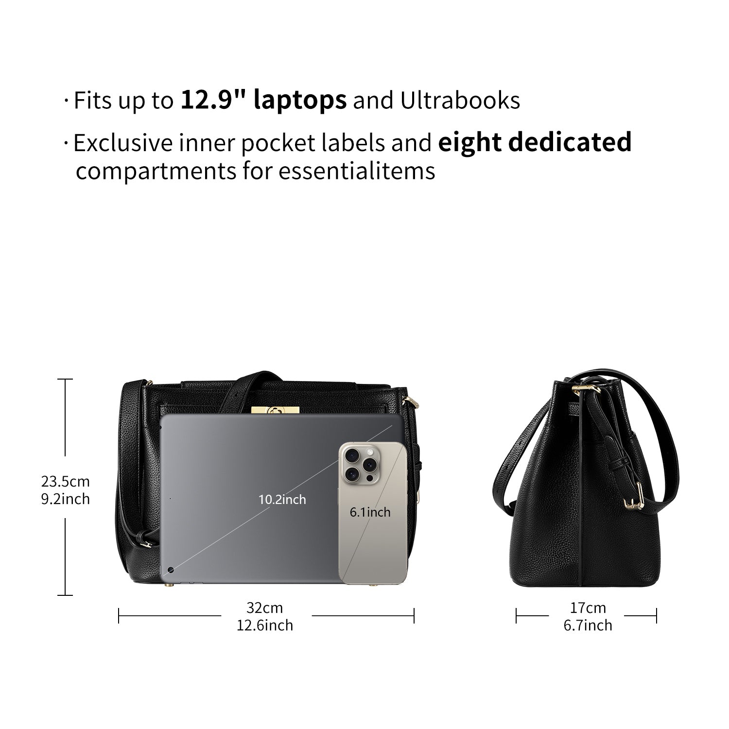 Victoria Hyde Alla business shoulder bag – modern work tote with gold turn-lock, PU leather, organizer pockets, removable cosmetic pouch, 32x23.5x17 cm.