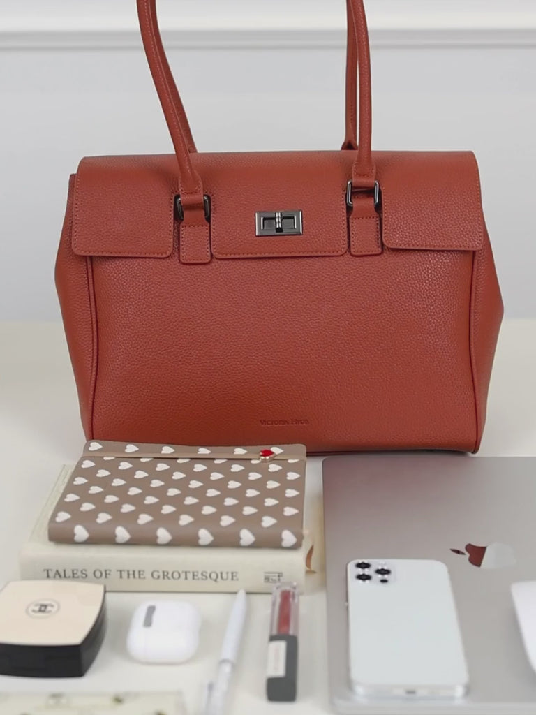 Victoria Hyde Jolene medium business handbag in brown, stylish vegan leather bag for women, featuring a padded compartment for up to 14-inch laptops.