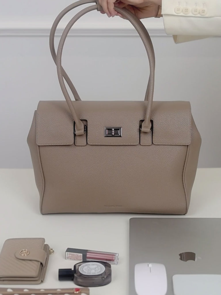Victoria Hyde Jolene medium business handbag in beige, stylish vegan leather bag for women, featuring a padded compartment for up to 14-inch laptops.