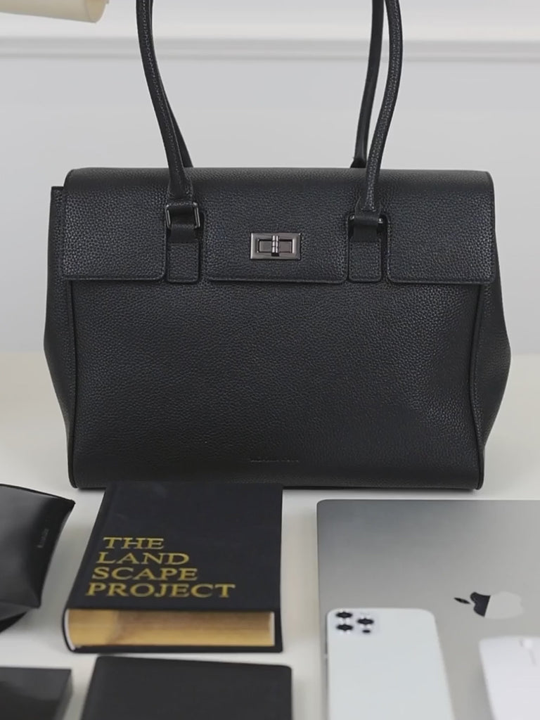 Victoria Hyde Jolene medium business handbag in schwarz, stylish vegan leather bag for women, featuring a padded compartment for up to 14-inch laptops.