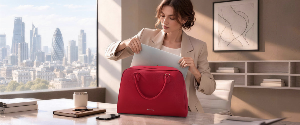 Professional woman placing a laptop into a red leather business tote bag in a modern city office.