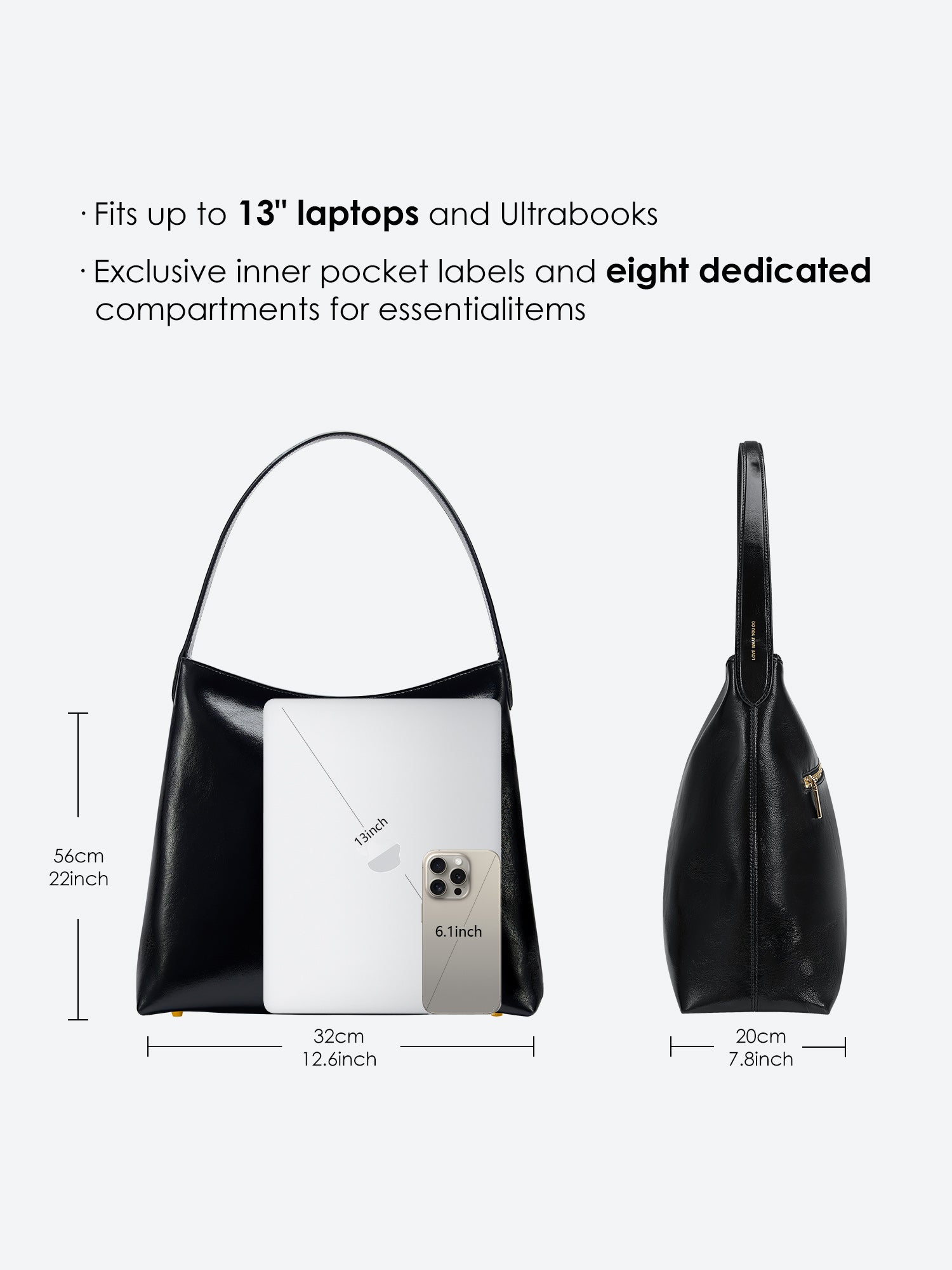 Victoria Hyde shoulder bag, microfiber leather, recycled lining. Padded sunglasses compartment, trolley strap, light gold hardware. “Love what you do” detail.