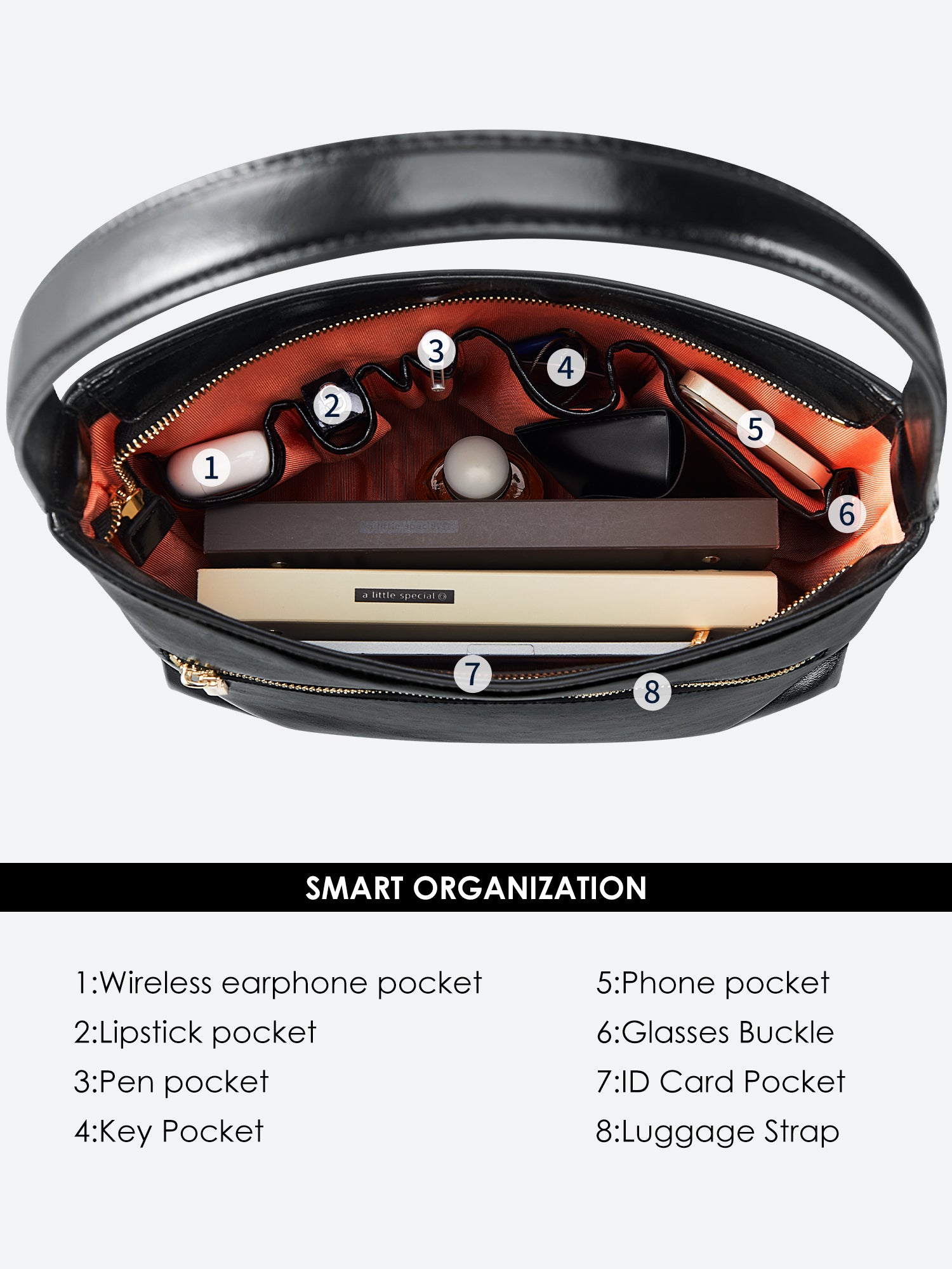 Victoria Hyde shoulder bag, microfiber leather, recycled lining. Padded sunglasses compartment, trolley strap, light gold hardware. “Love what you do” detail.