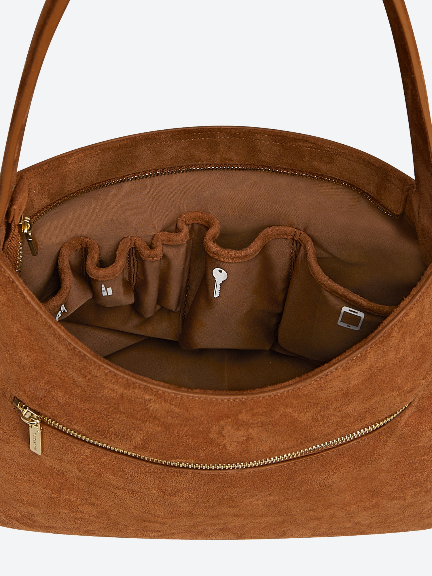 Victoria Hyde shoulder bag, split leather with recycled lining, multifunctional interior for phone, sunglasses, lipstick, keys, plus trolley strap and external zip pocket.