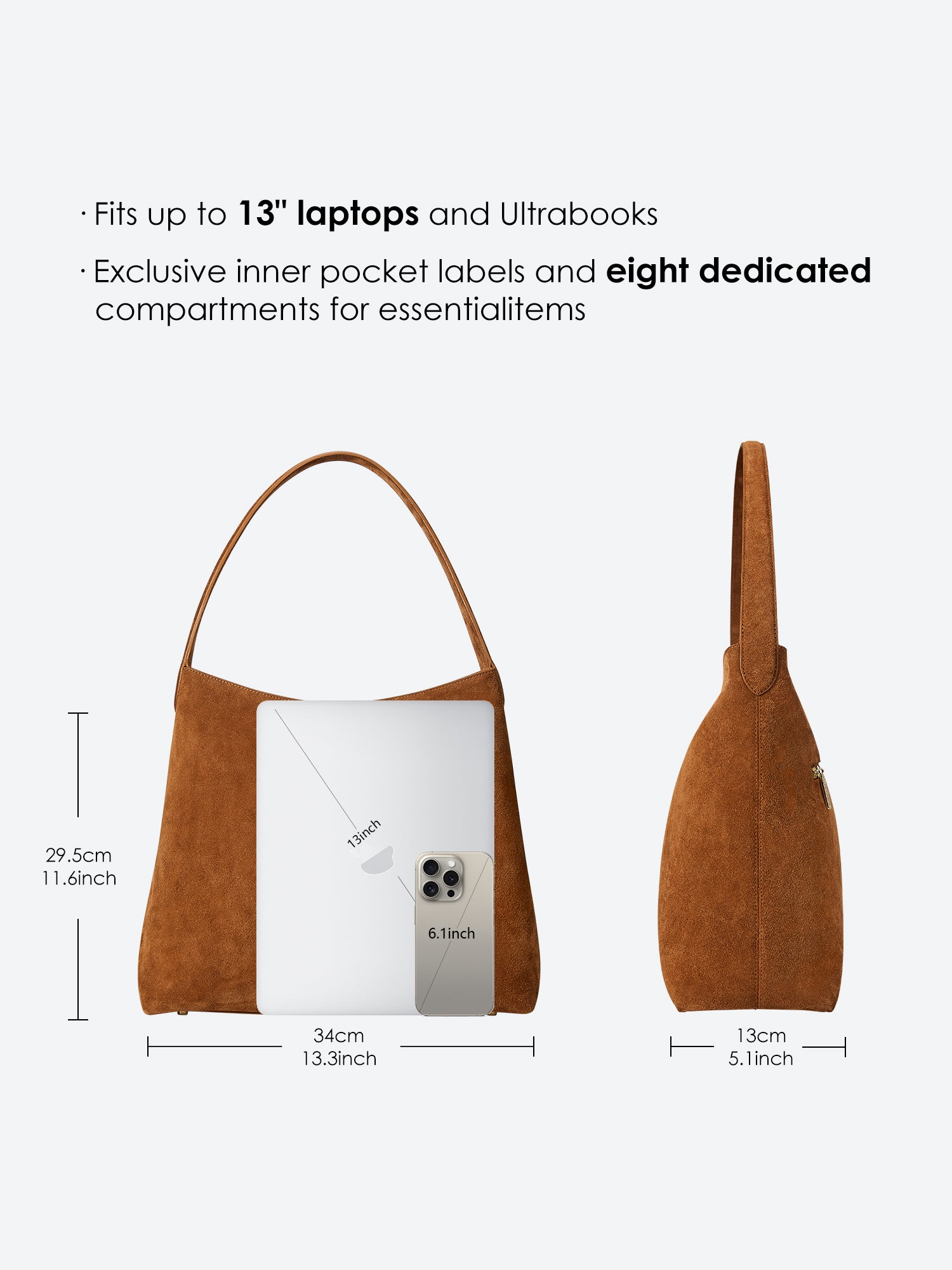 Victoria Hyde shoulder bag, split leather with recycled lining, multifunctional interior for phone, sunglasses, lipstick, keys, plus trolley strap and external zip pocket.