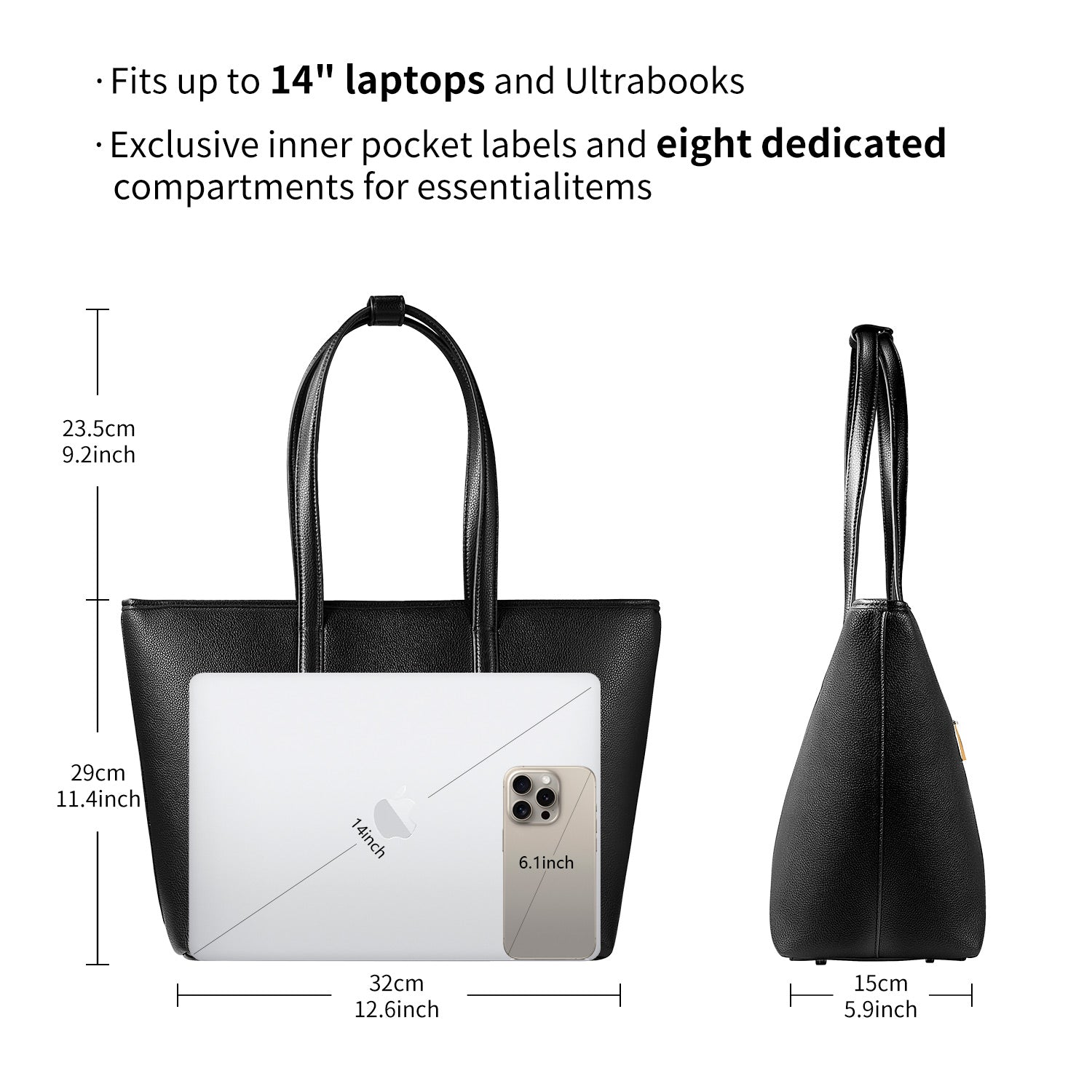 Technische Zeichnung der Victoria Hyde Ada New Work Bag: Darstellung der Innenaufteilung mit 8 Fächern und Kapazität für Laptops bis zu 14 Zoll.
