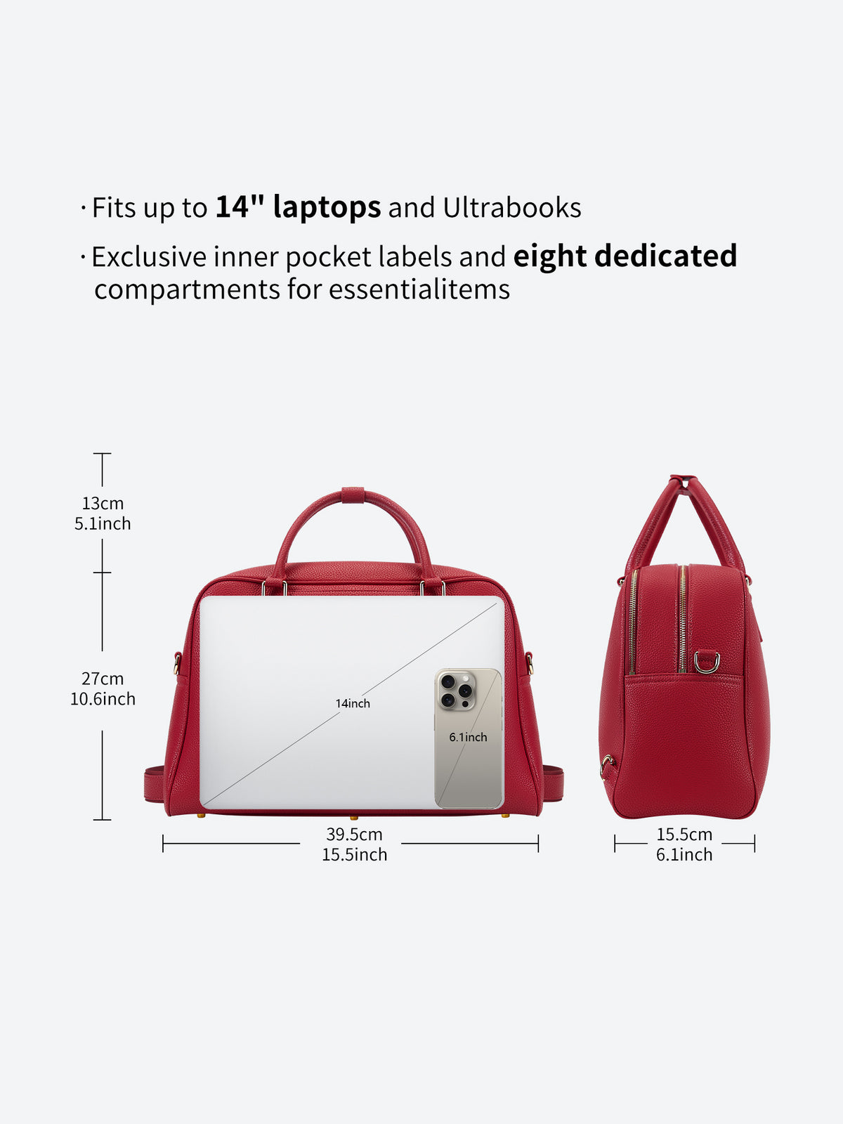 Dimensions chart of Victoria Hyde Amal convertible bag measuring 39.5x27x15.5cm fitting 14-inch laptops