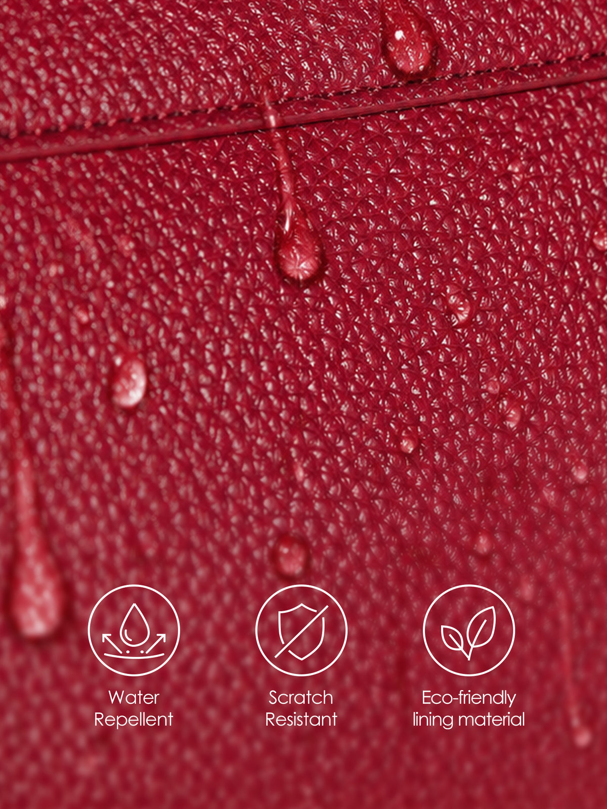 Close-up of waterproof scratch-resistant garnet red lychee pattern microfiber vegan leather on Amal bag
