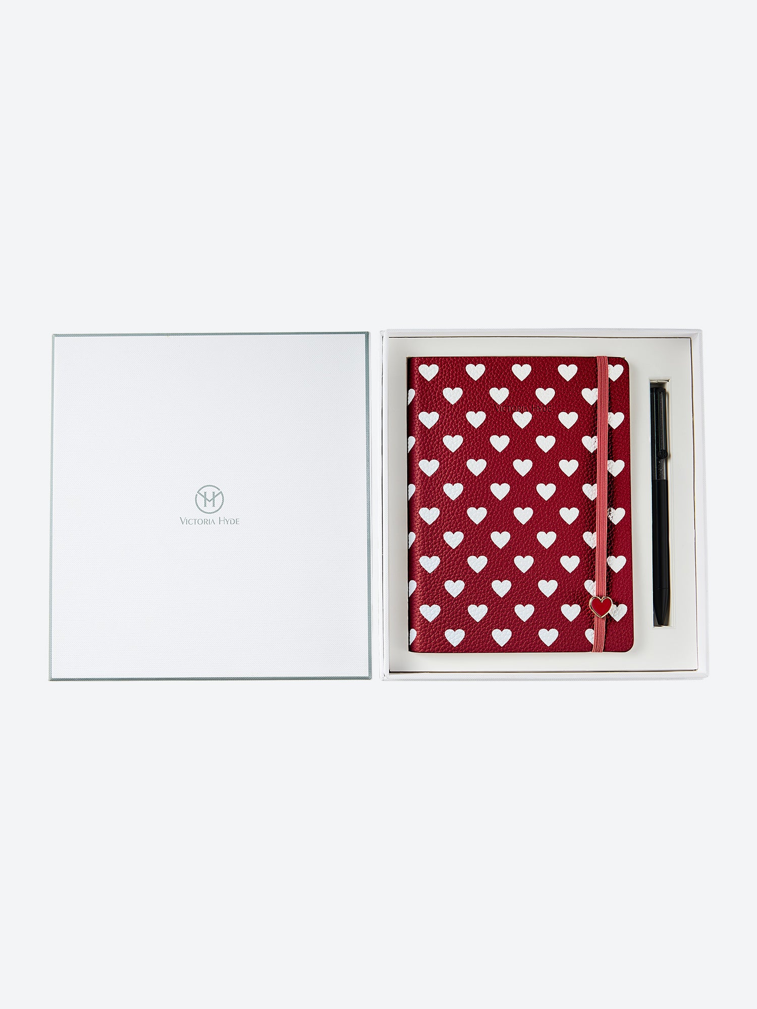 Victoria Hyde Anna Notebook Gift Set in red with heart pattern and elegant black crystal pen, perfect for journaling and office organization.