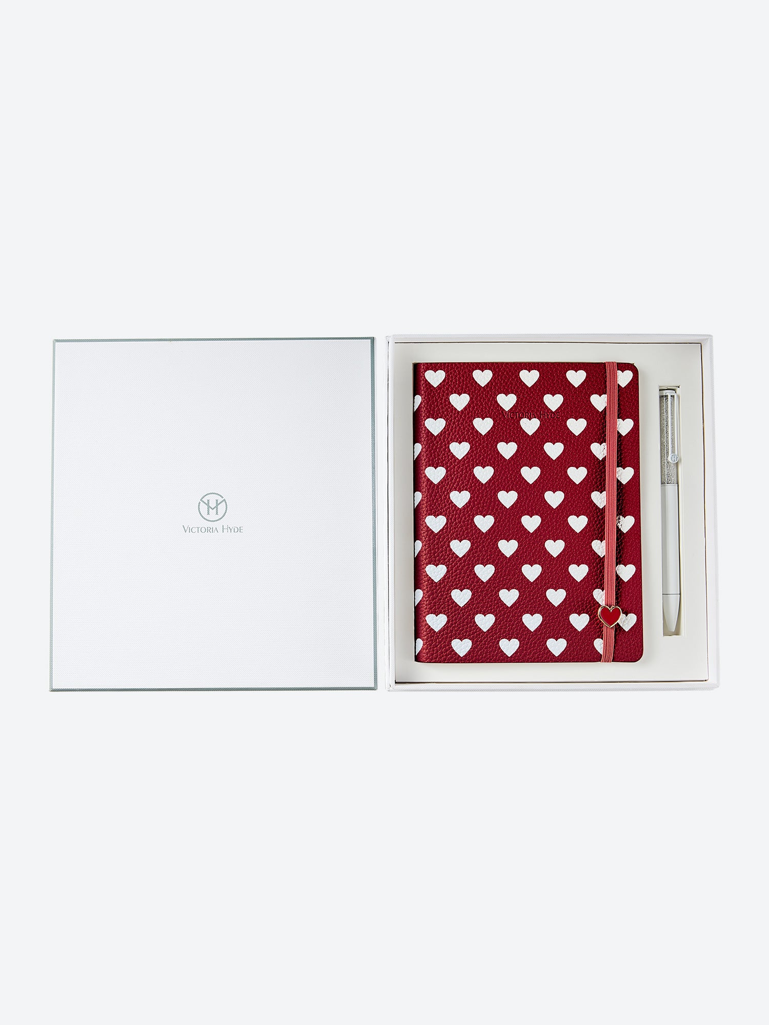 Victoria Hyde Anna Notebook Gift Set in red with heart pattern and elegant white crystal pen, perfect for journaling and office organization.